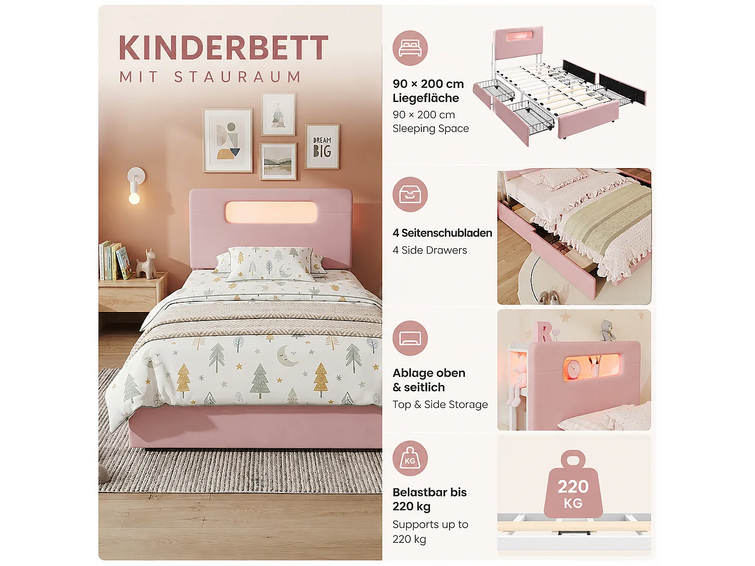 Letto per bambini 90 x 200 cm in velluto con 4 cassetti, vano contenitore e illuminazione a LED controllabile tramite app - Rosa (materasso non incluso)