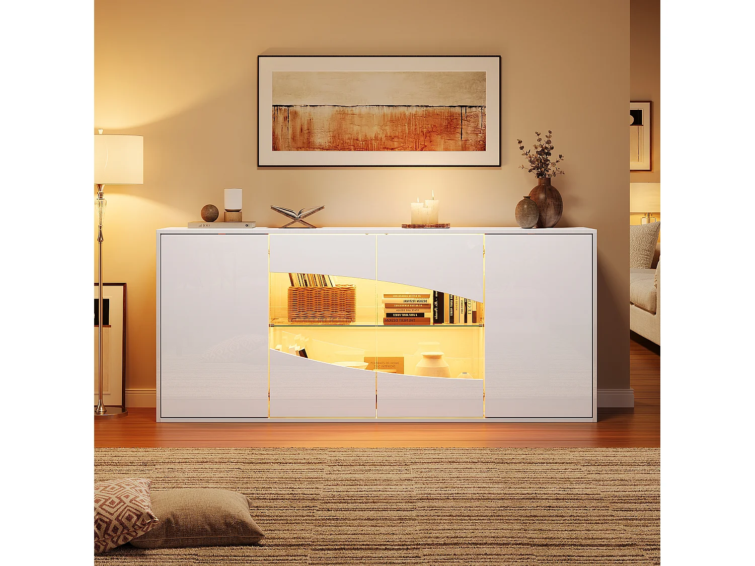 Buffet avec 4 portes dont 2 vitrées, LED RGB et 6 compartiments - MDF - 160 x 35 x 70 cm - Blanc brillant