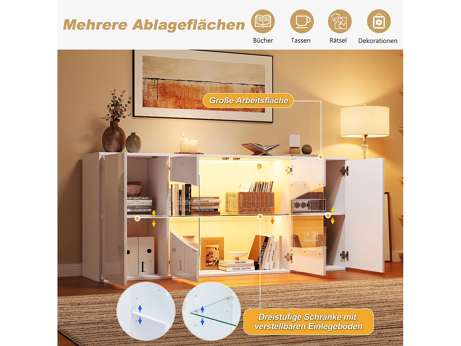 Buffet avec 4 portes dont 2 vitrées, LED RGB et 6 compartiments - MDF - 160 x 35 x 70 cm - Blanc brillant