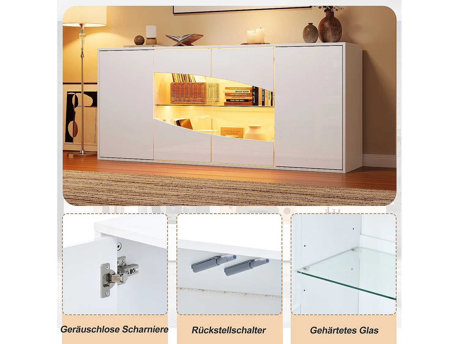 Buffet avec 4 portes dont 2 vitrées, LED RGB et 6 compartiments - MDF - 160 x 35 x 70 cm - Blanc brillant