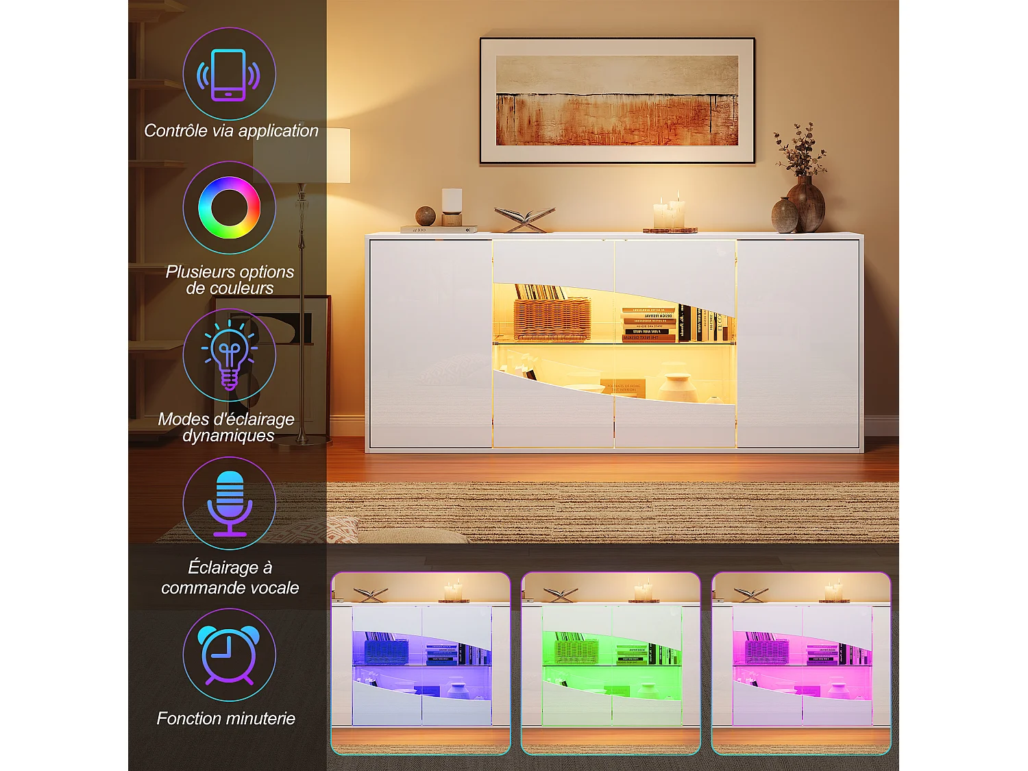 Buffet avec 4 portes dont 2 vitrées, LED RGB et 6 compartiments - MDF - 160 x 35 x 70 cm - Blanc brillant
