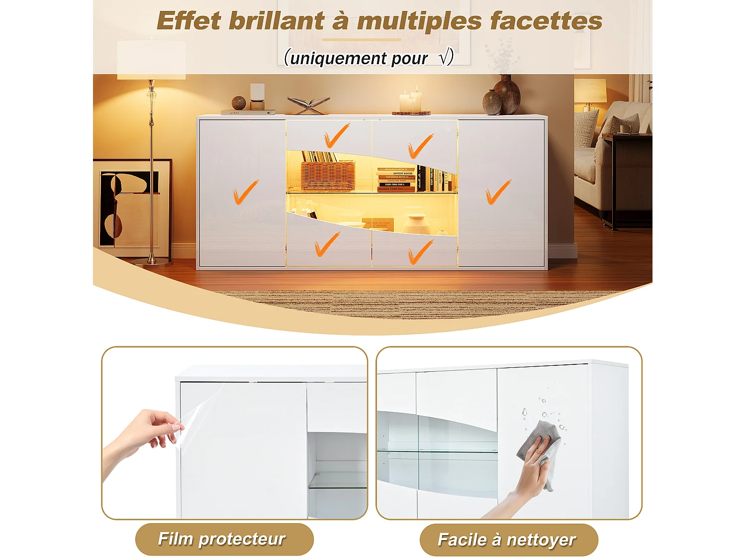 Buffet avec 4 portes dont 2 vitrées, LED RGB et 6 compartiments - MDF - 160 x 35 x 70 cm - Blanc brillant