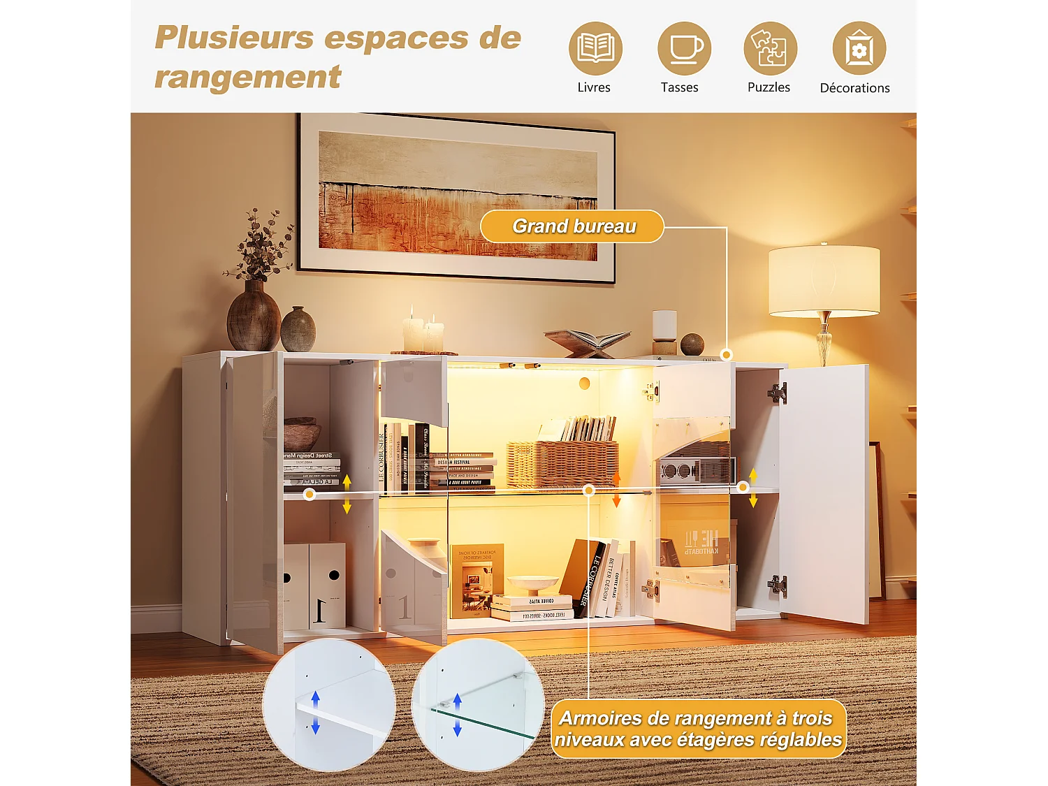 Buffet avec 4 portes dont 2 vitrées, LED RGB et 6 compartiments - MDF - 160 x 35 x 70 cm - Blanc brillant