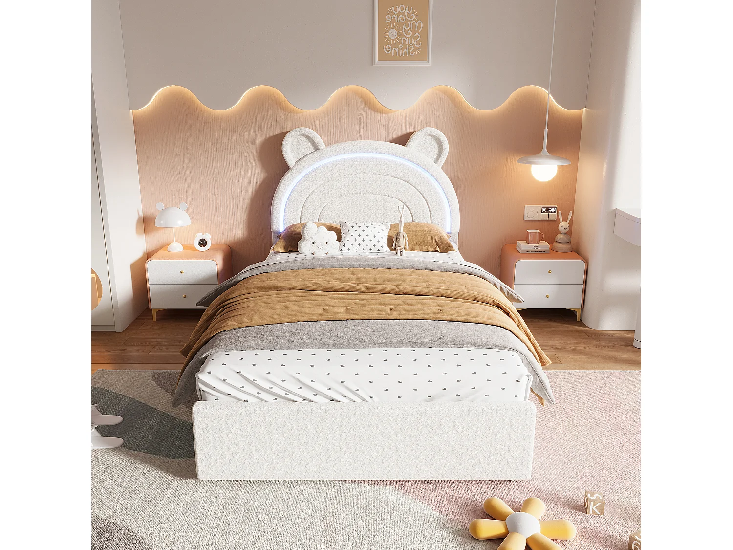 Lit enfant 90 x 200 cm avec tête de lit ours, 4 tiroirs et LED contrôlées par application - Velours - Beige (sans matelas)