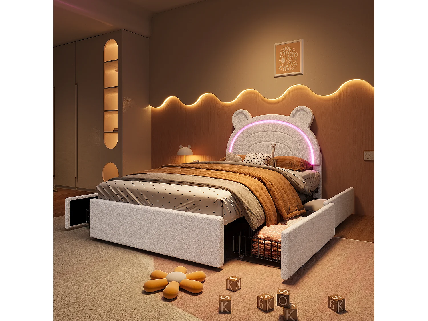 Lit enfant 90 x 200 cm avec tête de lit ours, 4 tiroirs et LED contrôlées par application - Velours - Beige (sans matelas)