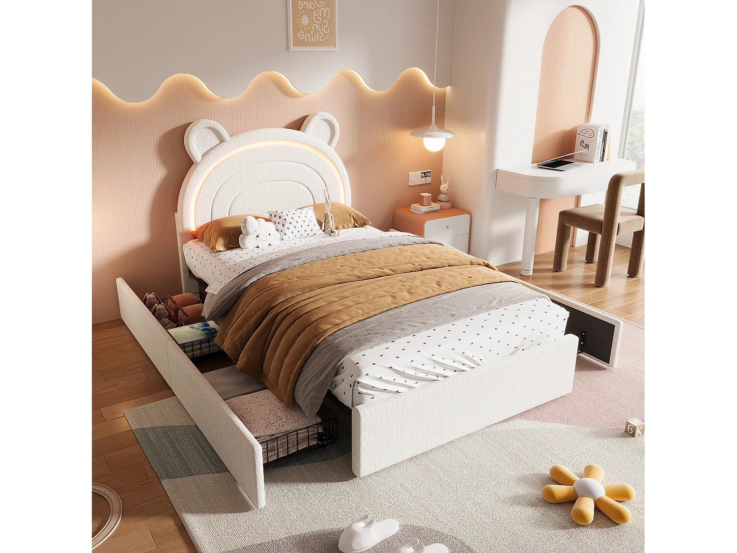 Lit enfant 90 x 200 cm avec tête de lit ours, 4 tiroirs et LED contrôlées par application - Velours - Beige (sans matelas)