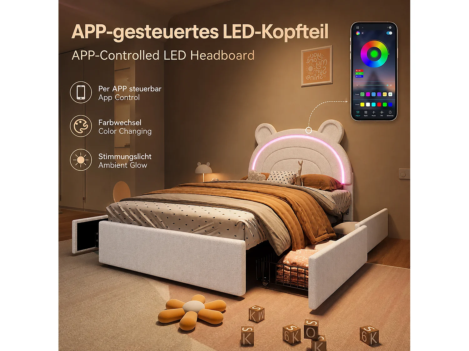 Lit enfant 90 x 200 cm avec tête de lit ours, 4 tiroirs et LED contrôlées par application - Velours - Beige (sans matelas)