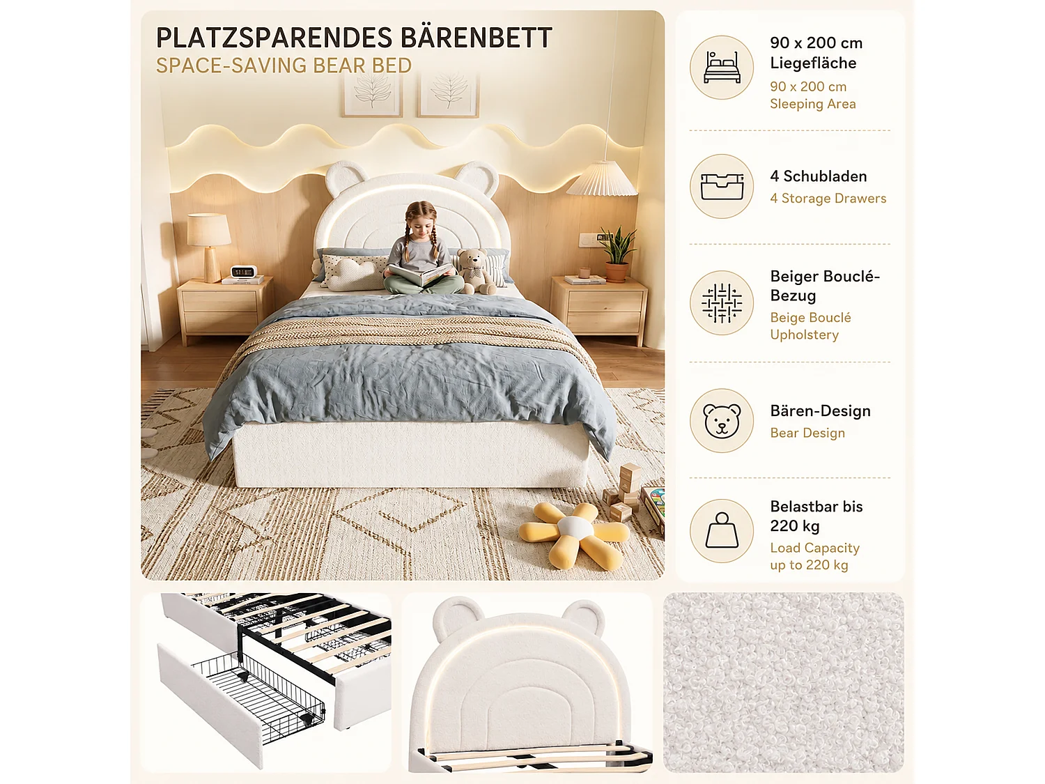 Lit enfant 90 x 200 cm avec tête de lit ours, 4 tiroirs et LED contrôlées par application - Velours - Beige (sans matelas)
