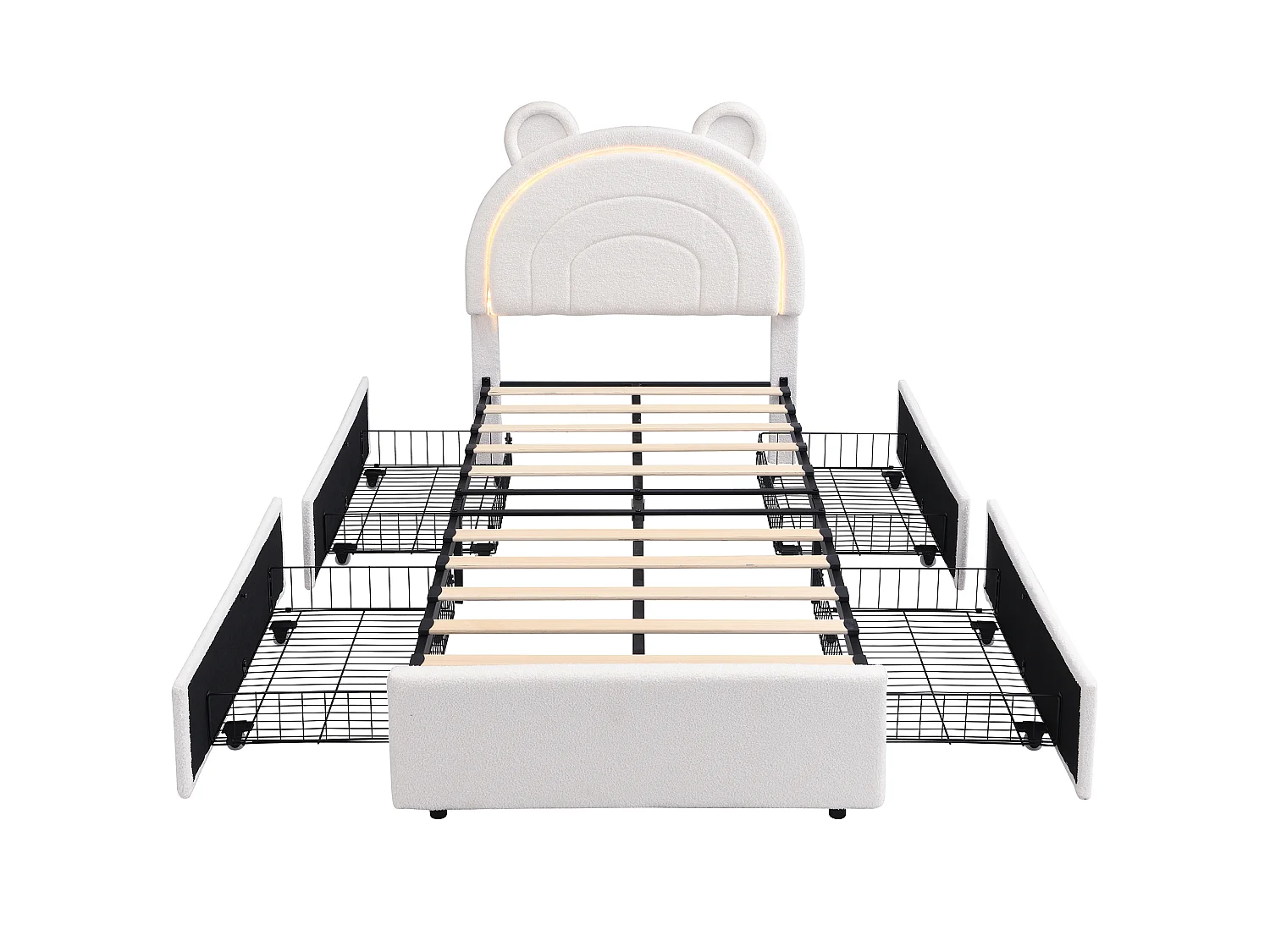 Lit enfant 90 x 200 cm avec tête de lit ours, 4 tiroirs et LED contrôlées par application - Velours - Beige (sans matelas)