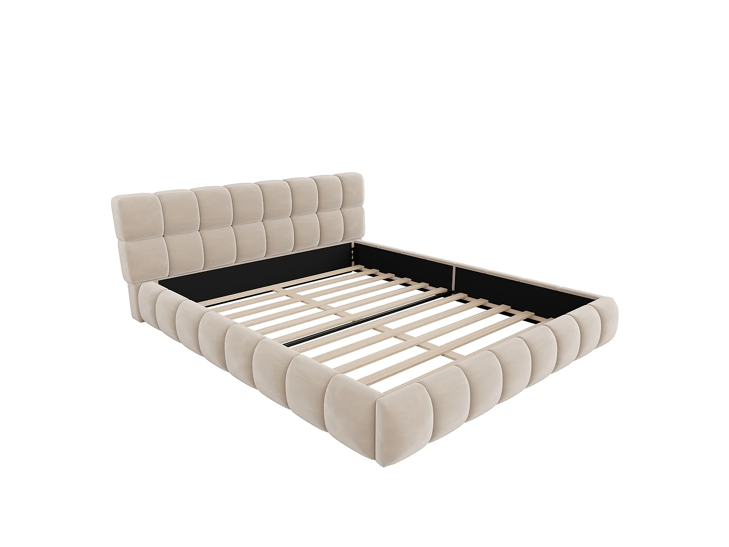 Klädd säng 160 x 200 cm med stoppad huvudgavel och sidor - Sammet - Klassisk design - Beige (madrass ingår ej)