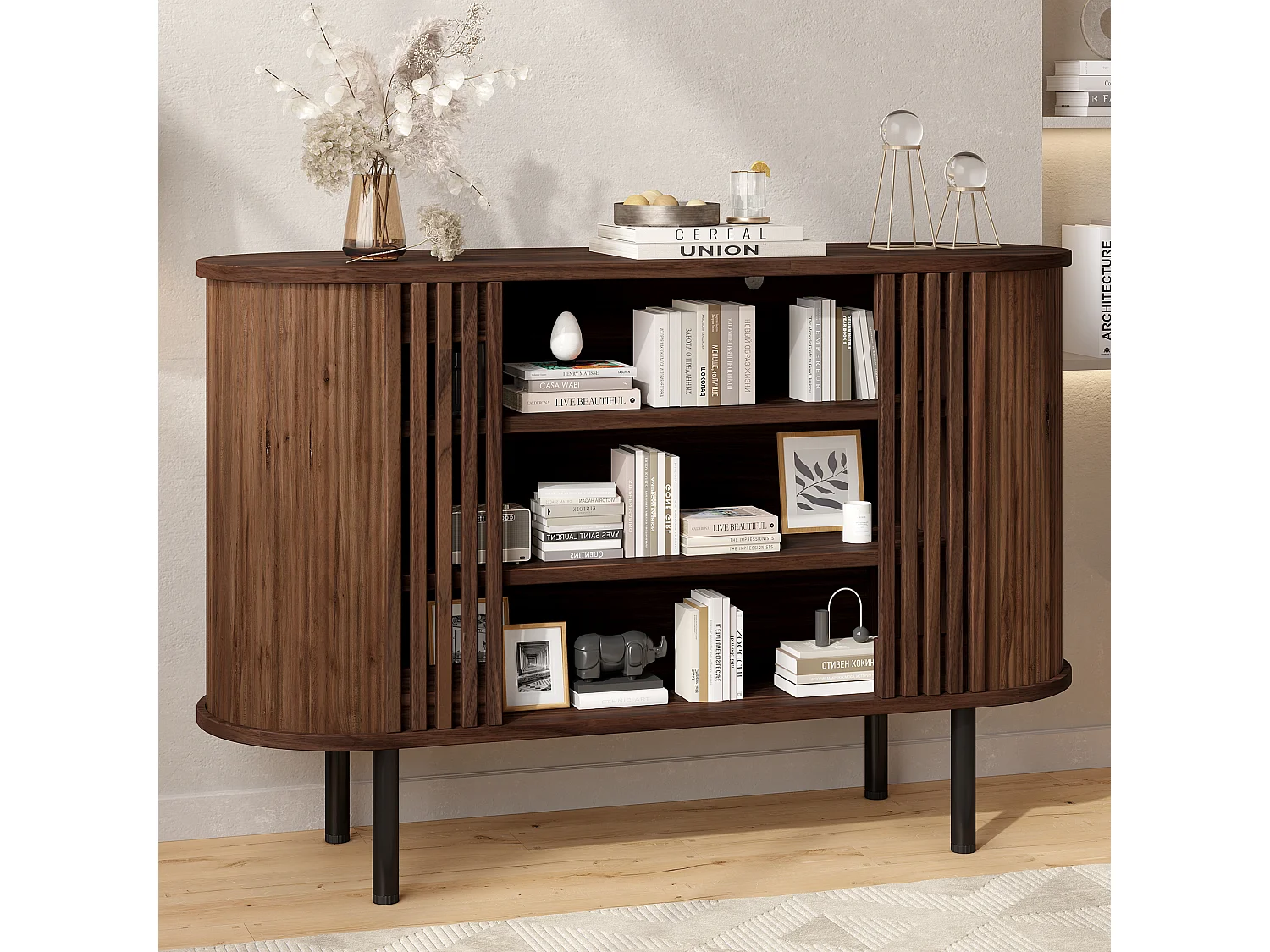 Buffet avec 3 compartiments ouverts et pieds en métal - MDF et panneaux de particules - 120 x 40 x 80 cm - Noyer