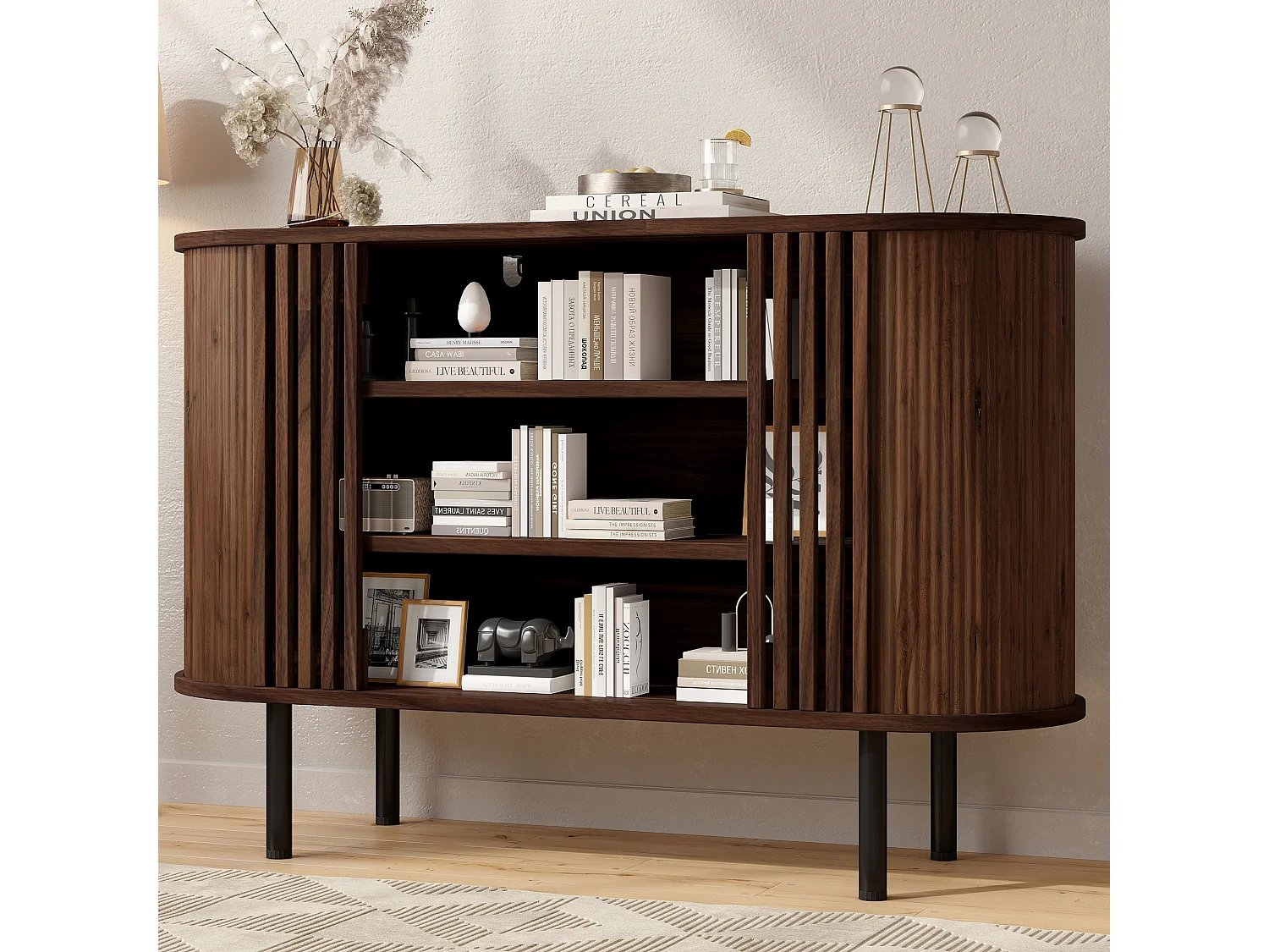 Buffet avec 3 compartiments ouverts et pieds en métal - MDF et panneaux de particules - 120 x 40 x 80 cm - Noyer