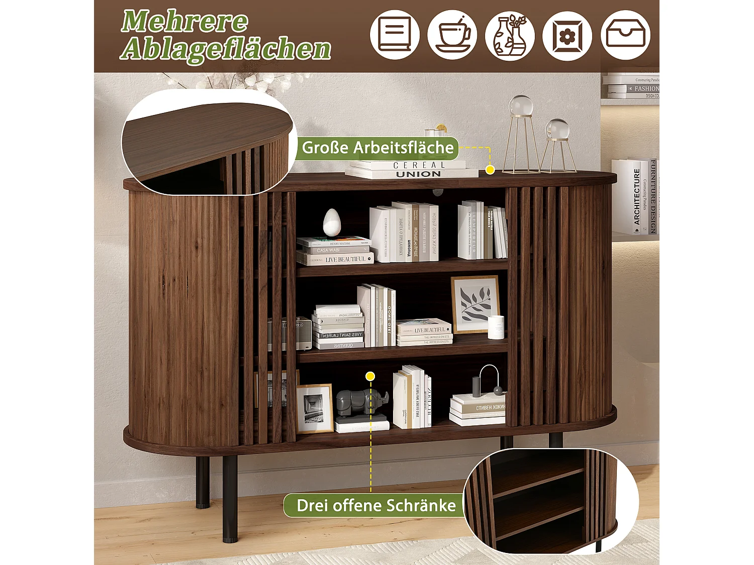 Buffet avec 3 compartiments ouverts et pieds en métal - MDF et panneaux de particules - 120 x 40 x 80 cm - Noyer