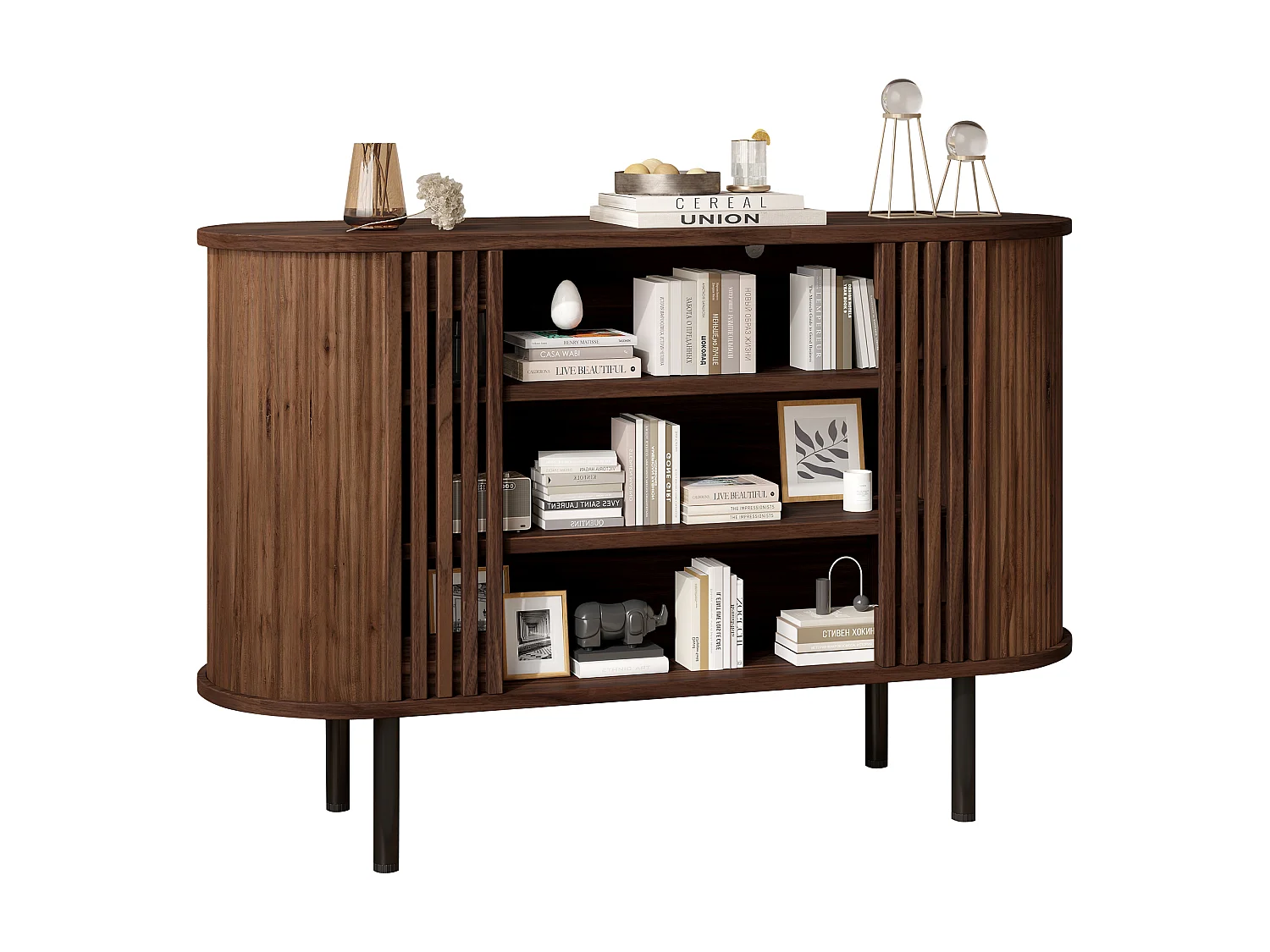 Buffet avec 3 compartiments ouverts et pieds en métal - MDF et panneaux de particules - 120 x 40 x 80 cm - Noyer