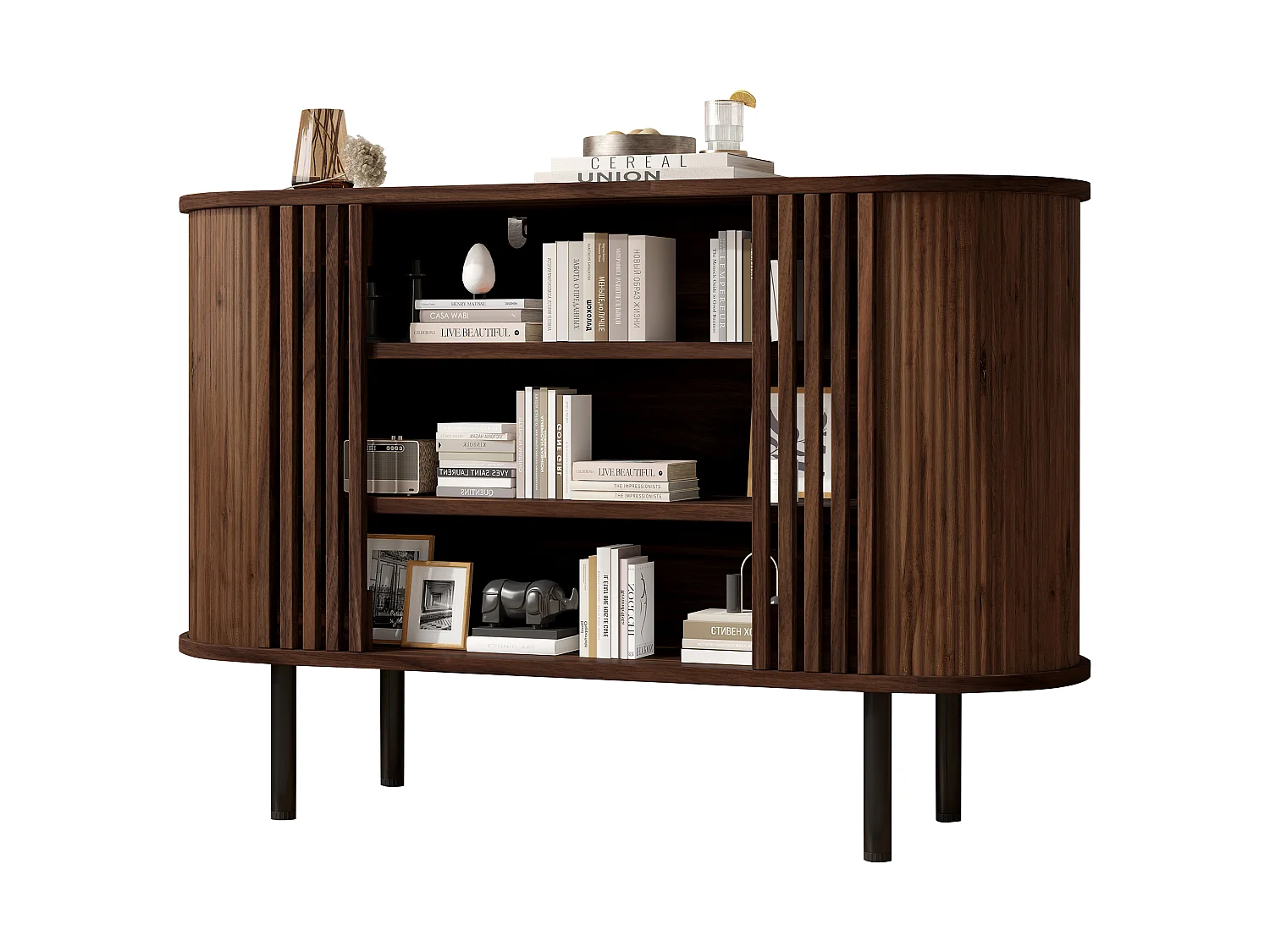 Buffet avec 3 compartiments ouverts et pieds en métal - MDF et panneaux de particules - 120 x 40 x 80 cm - Noyer