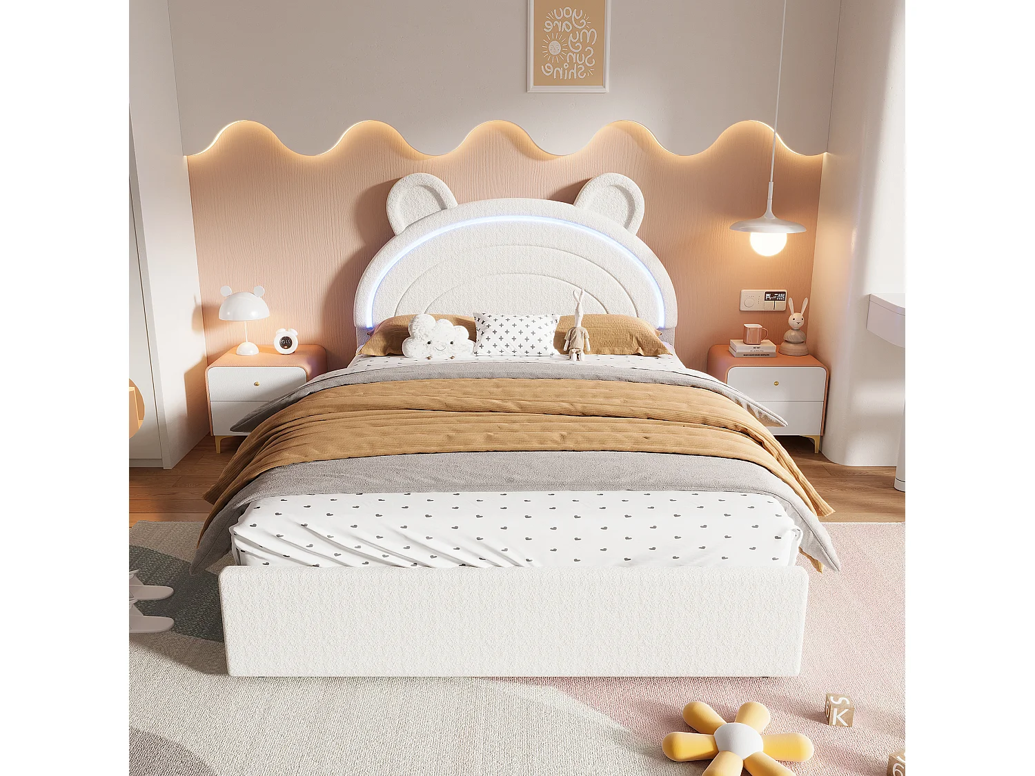 Lit enfant 140 x 200 cm avec tête de lit ours, 4 tiroirs et LED contrôlées par application - Velours - Beige (sans matelas)