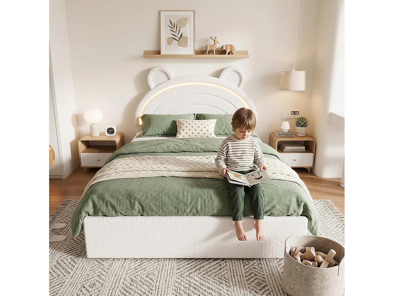 Lit enfant 140 x 200 cm avec tête de lit ours, 4 tiroirs et LED contrôlées par application - Velours - Beige (sans matelas)