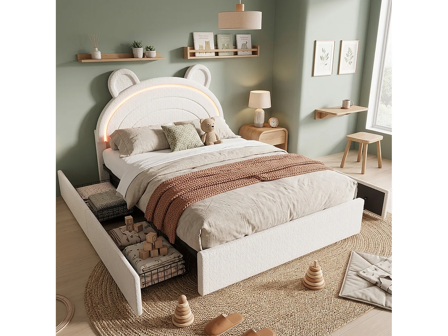 Lit enfant 140 x 200 cm avec tête de lit ours, 4 tiroirs et LED contrôlées par application - Velours - Beige (sans matelas)