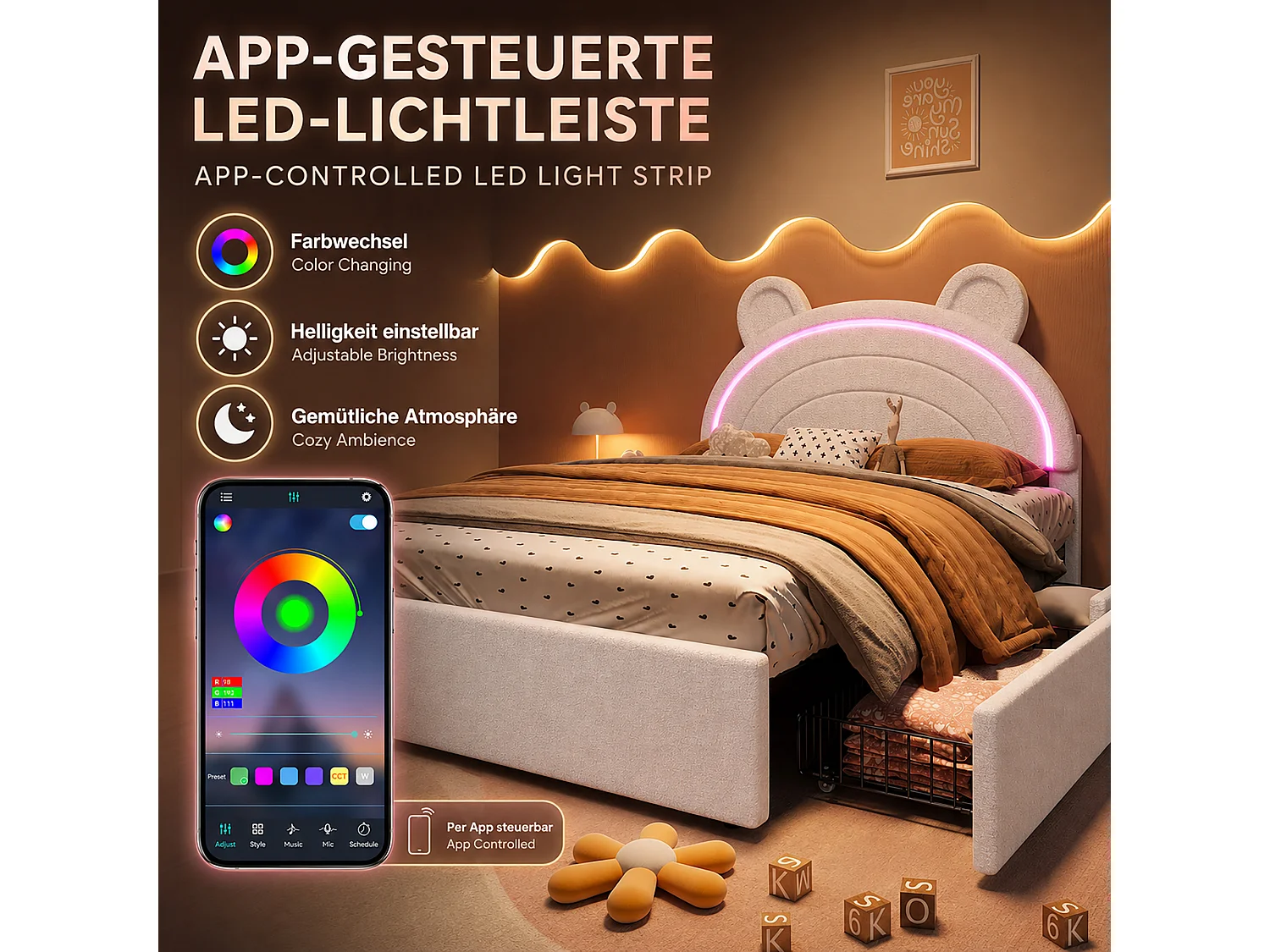 Lit enfant 140 x 200 cm avec tête de lit ours, 4 tiroirs et LED contrôlées par application - Velours - Beige (sans matelas)