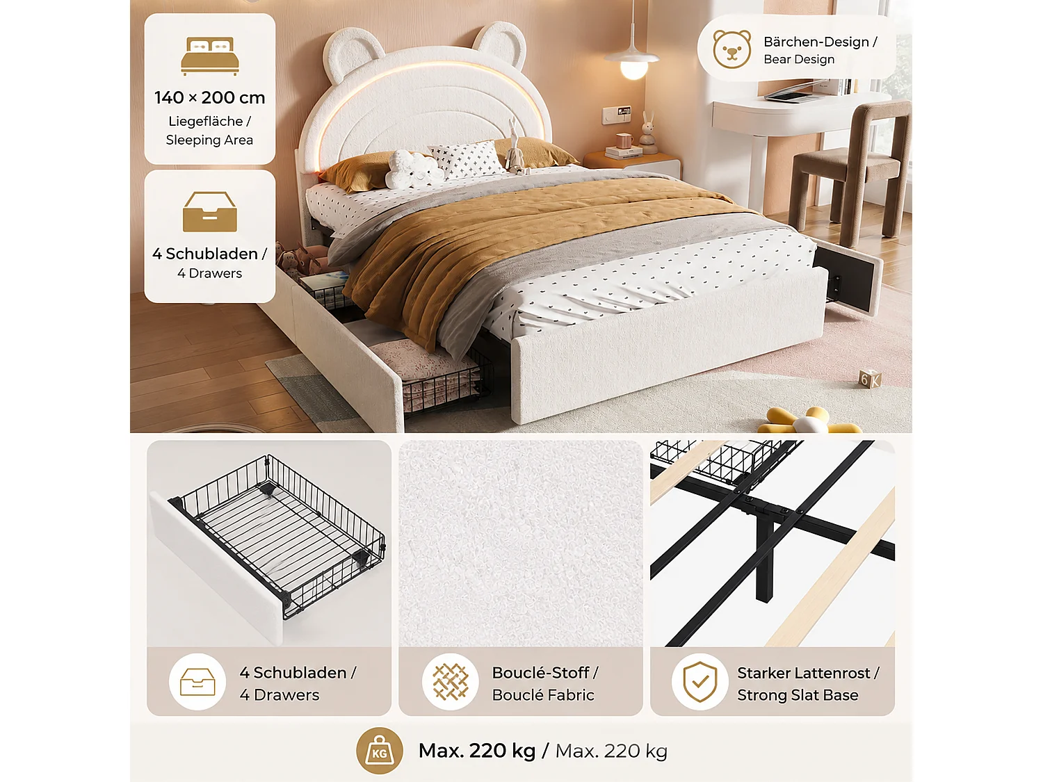 Lit enfant 140 x 200 cm avec tête de lit ours, 4 tiroirs et LED contrôlées par application - Velours - Beige (sans matelas)