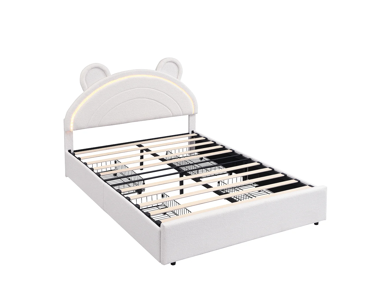 Lit enfant 140 x 200 cm avec tête de lit ours, 4 tiroirs et LED contrôlées par application - Velours - Beige (sans matelas)