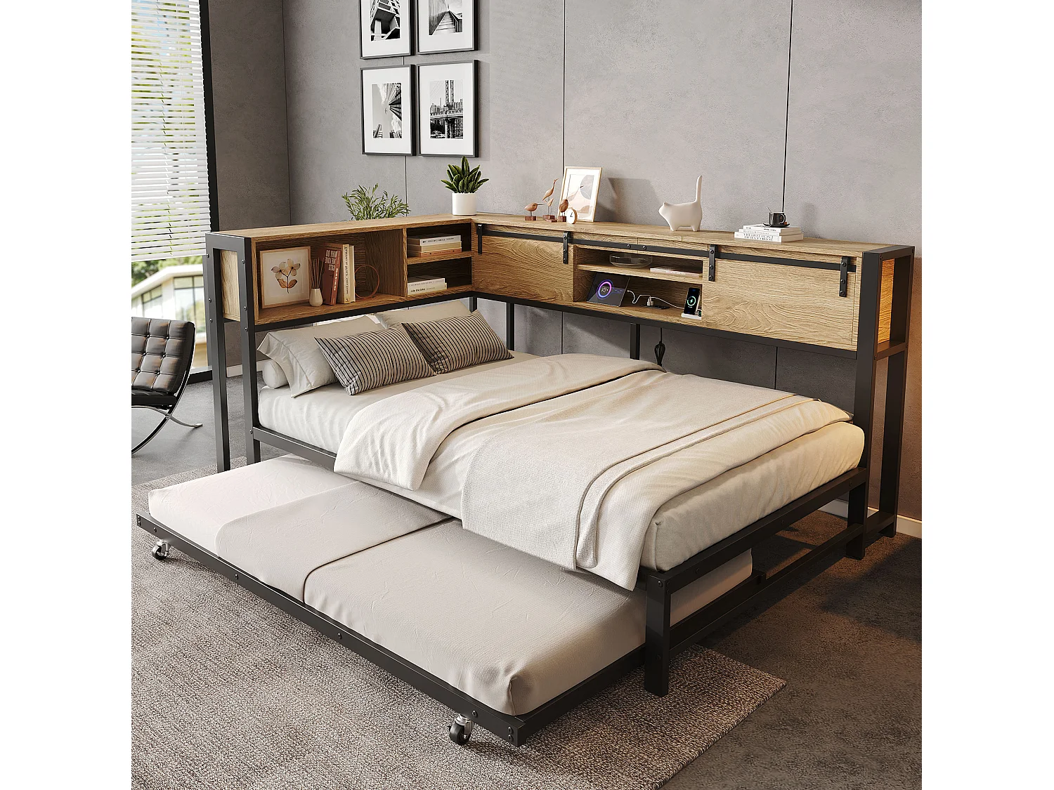 Lit gigogne 120 x 200 cm avec couchage 90 x 190 cm, rangements et port USB - Métal + MDF - Noir et naturel (sans matelas)