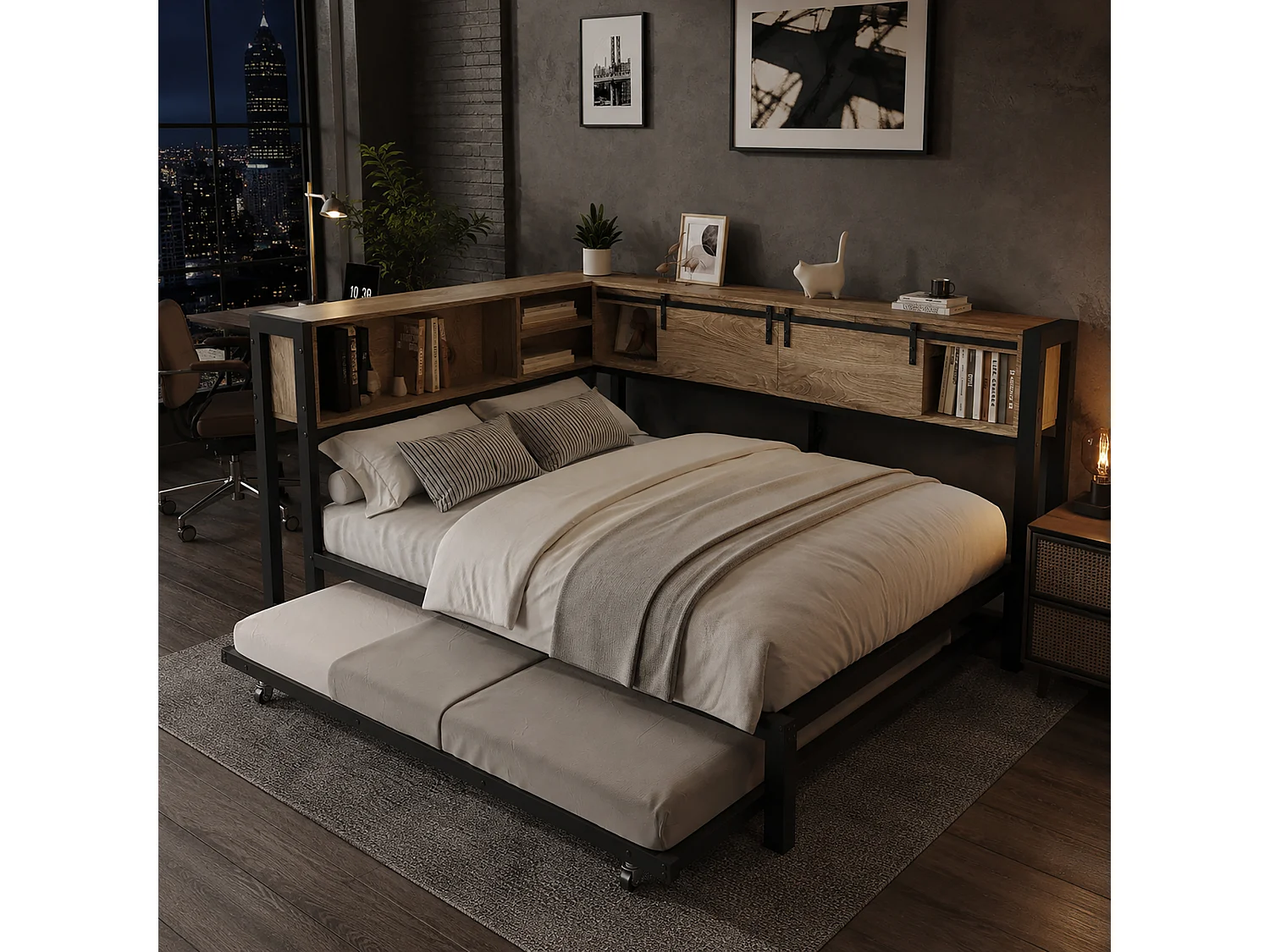 Lit gigogne 120 x 200 cm avec couchage 90 x 190 cm, rangements et port USB - Métal + MDF - Noir et naturel (sans matelas)