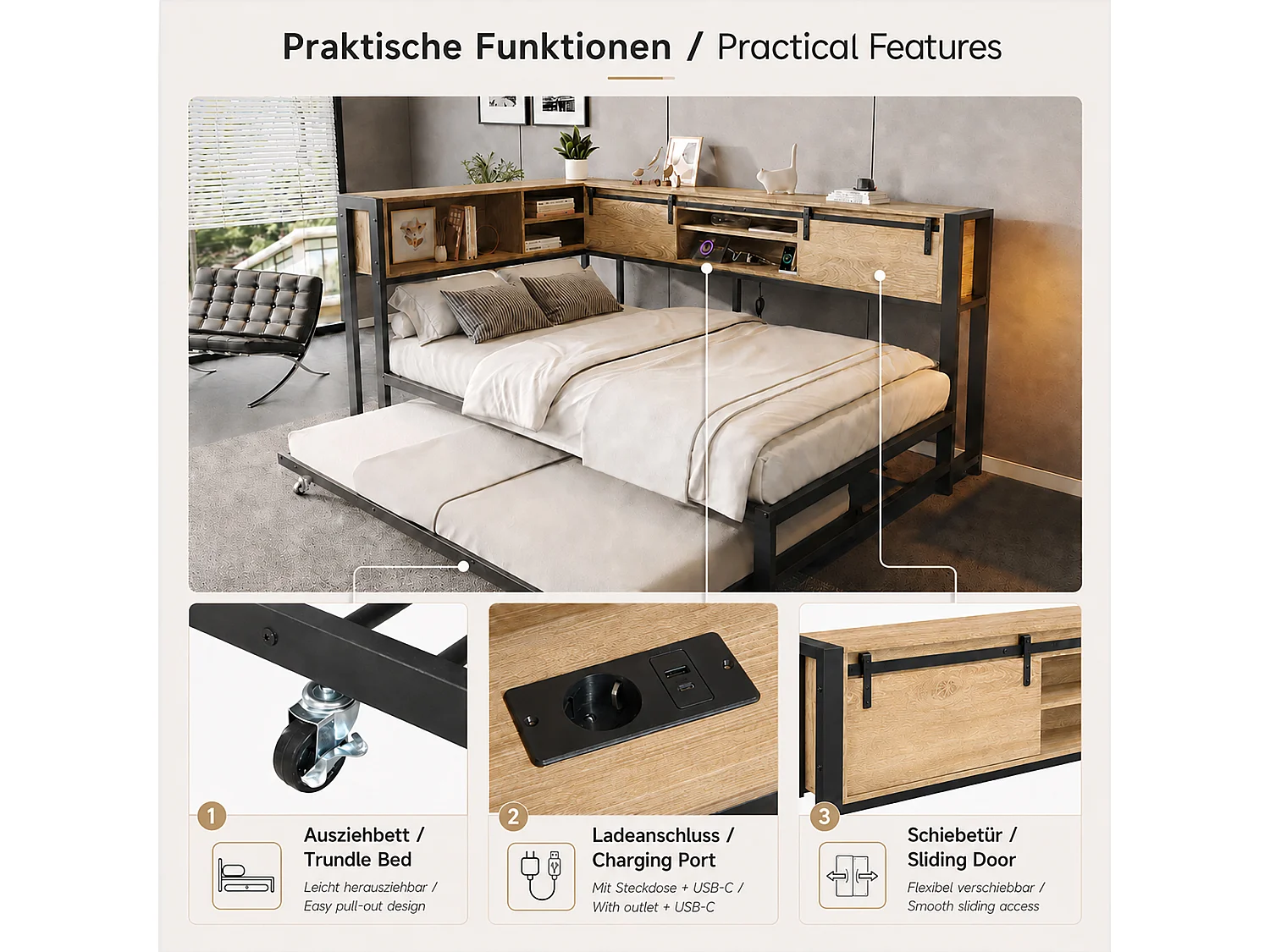 Lit gigogne 120 x 200 cm avec couchage 90 x 190 cm, rangements et port USB - Métal + MDF - Noir et naturel (sans matelas)