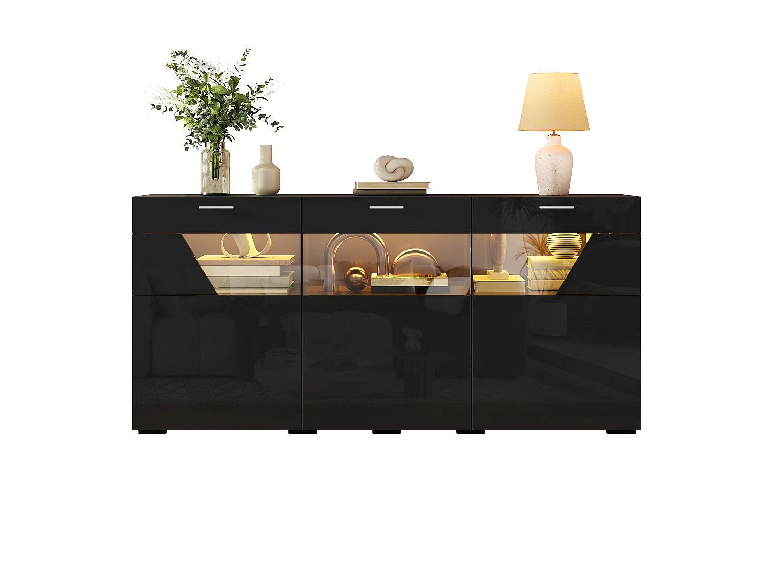 Buffet 160 x 38 x 78 cm avec 4 portes, 4 tiroirs, étagères réglables et poignées et pieds dorés - MDF - Noir