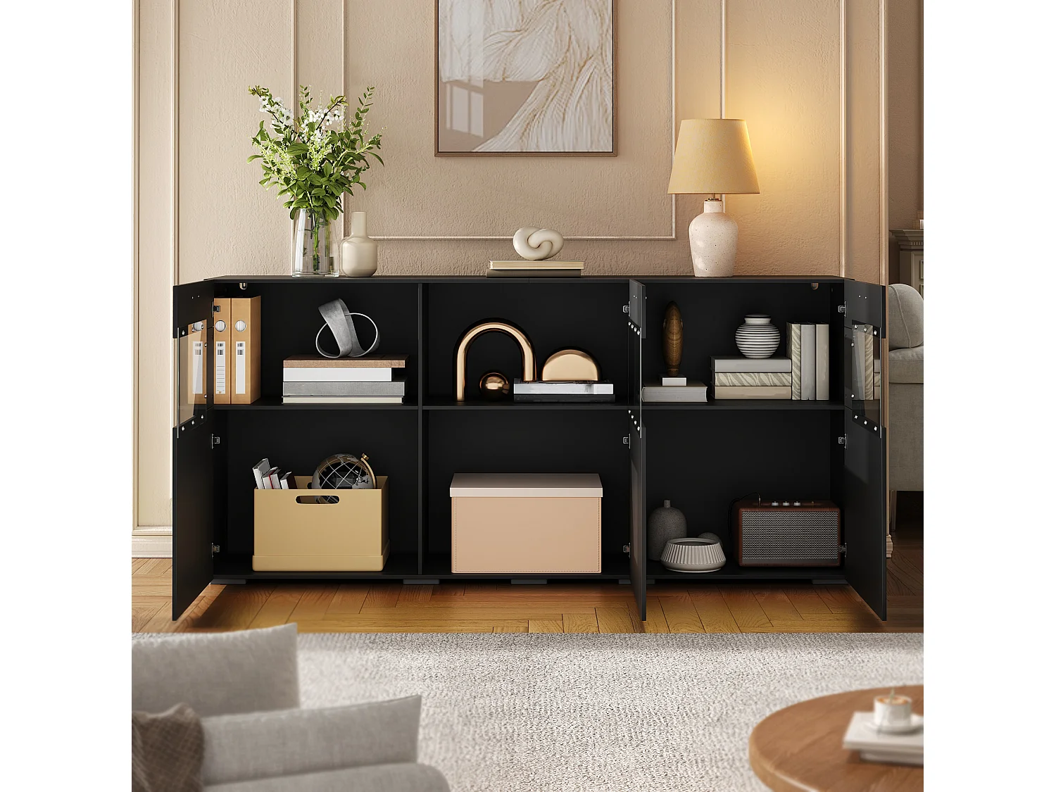 Buffet 160 x 38 x 78 cm avec 4 portes, 4 tiroirs, étagères réglables et poignées et pieds dorés - MDF - Noir
