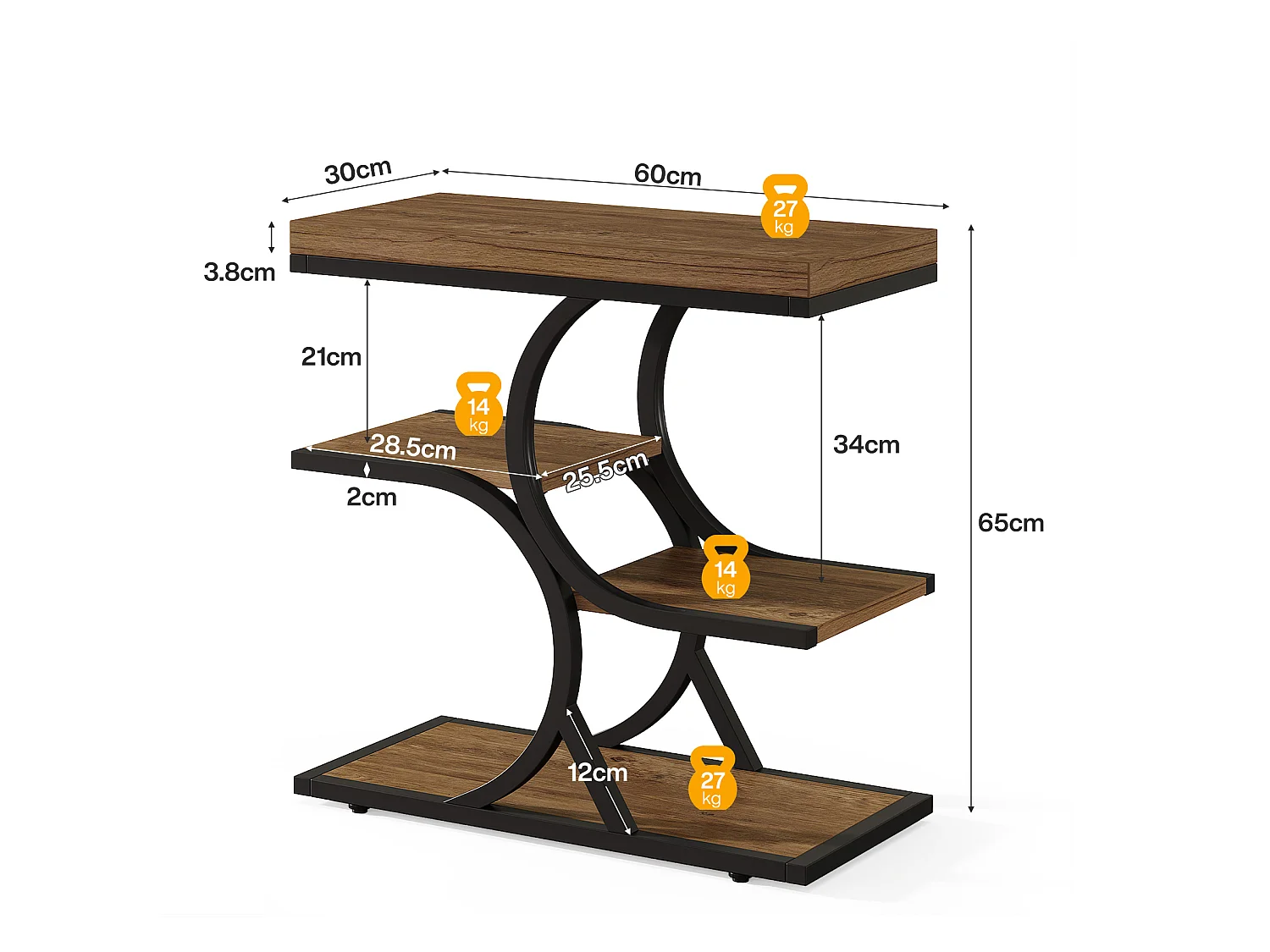 Mesa lateral estrecha con estante de almacenamiento de 4 niveles, estilo industrial, para espacios pequeños (1, marrón)
