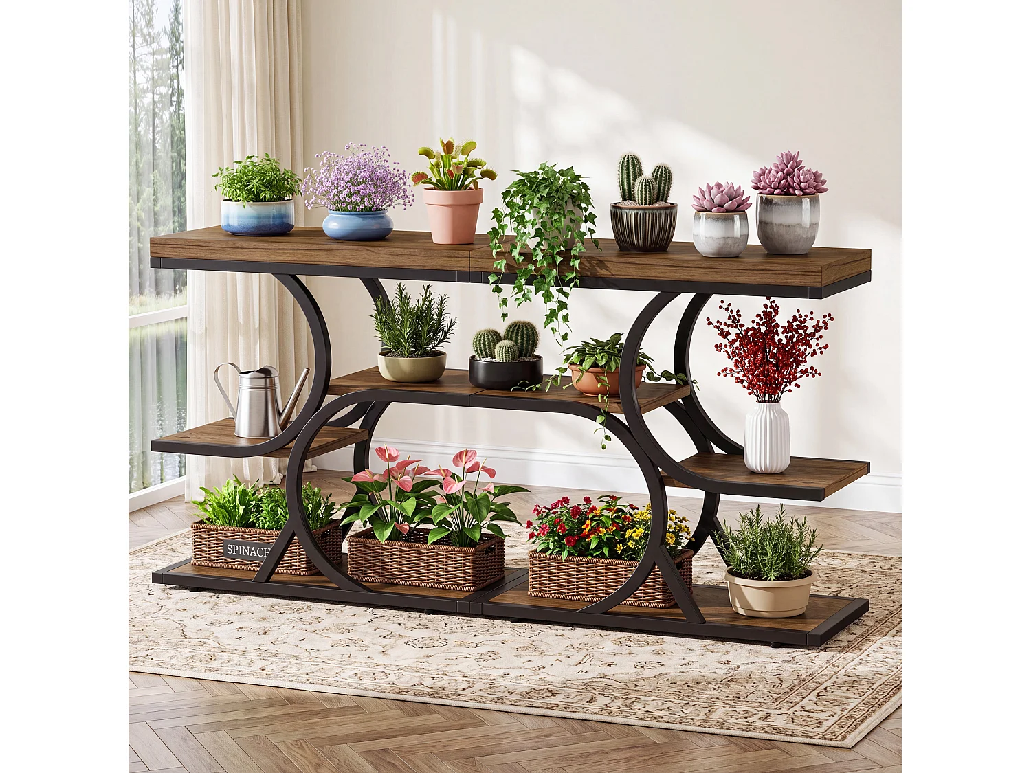 Mesa lateral estrecha con estante de almacenamiento de 4 niveles, estilo industrial, para espacios pequeños (1, marrón)