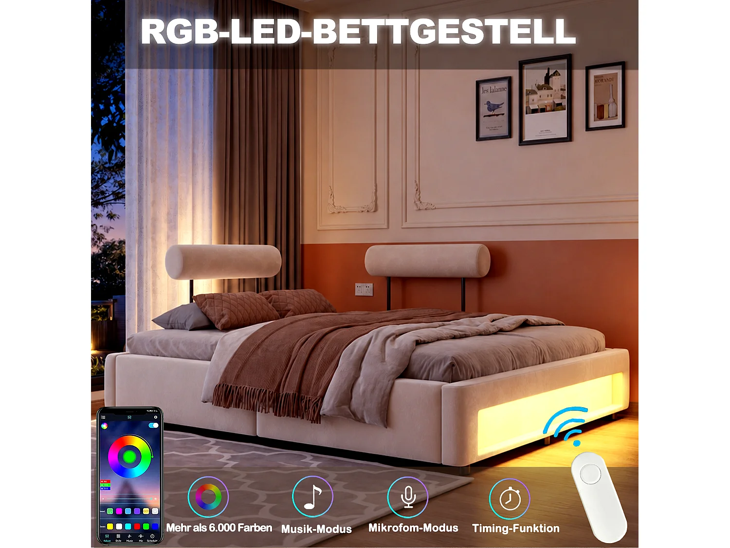 Gestoffeerd bed 160 x 200 cm met verstelbare rugleuningen en ledverlichting - Fluweel - Beige (matras niet inbegrepen)