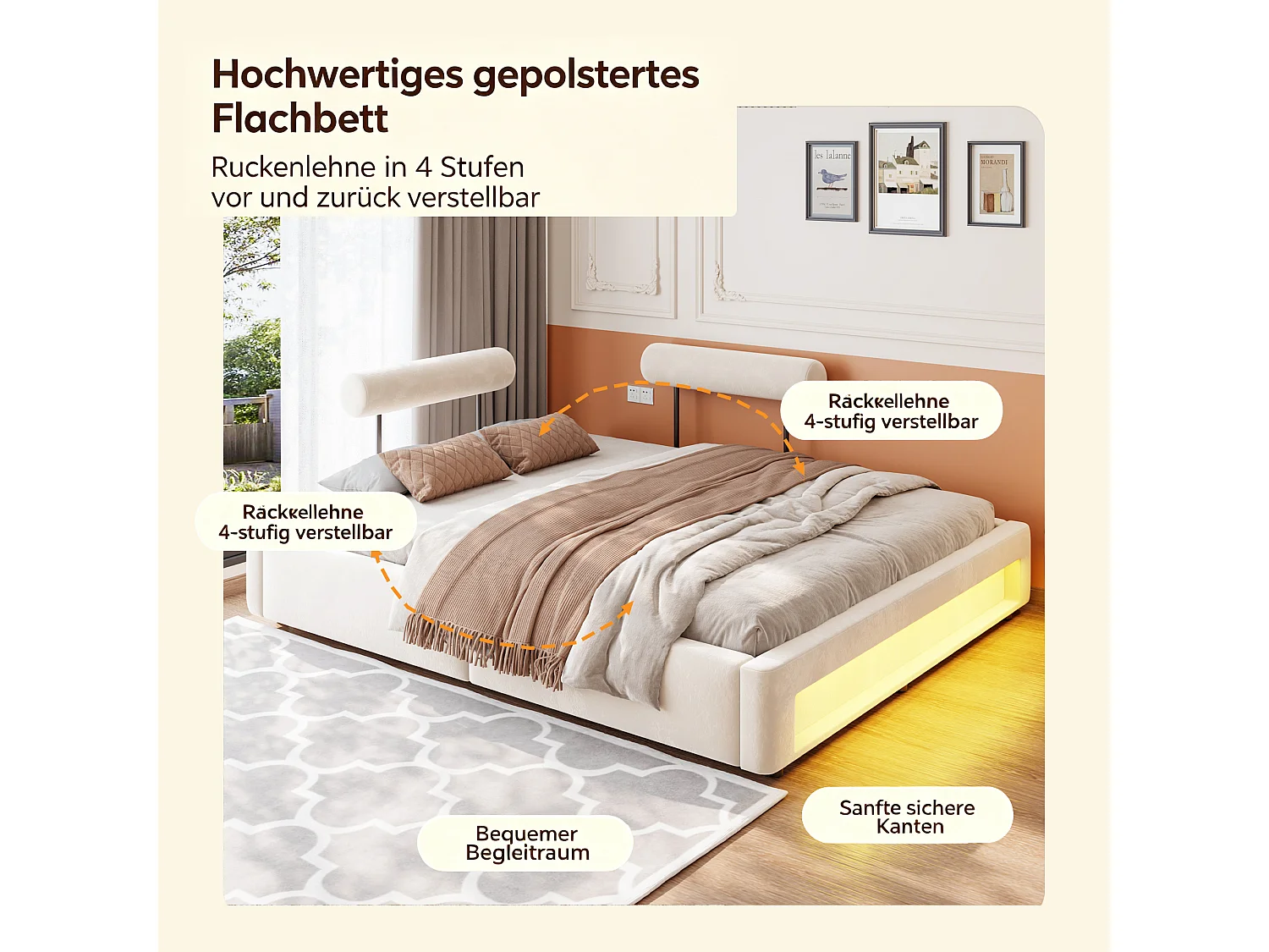 Gestoffeerd bed 160 x 200 cm met verstelbare rugleuningen en ledverlichting - Fluweel - Beige (matras niet inbegrepen)