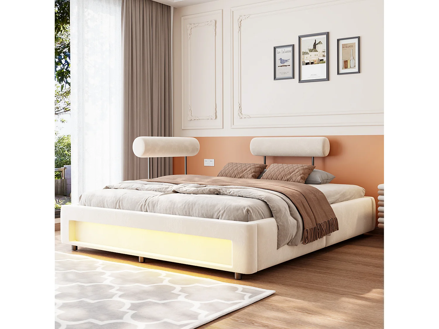 Gestoffeerd bed 160 x 200 cm met verstelbare rugleuningen en ledverlichting - Fluweel - Beige (matras niet inbegrepen)