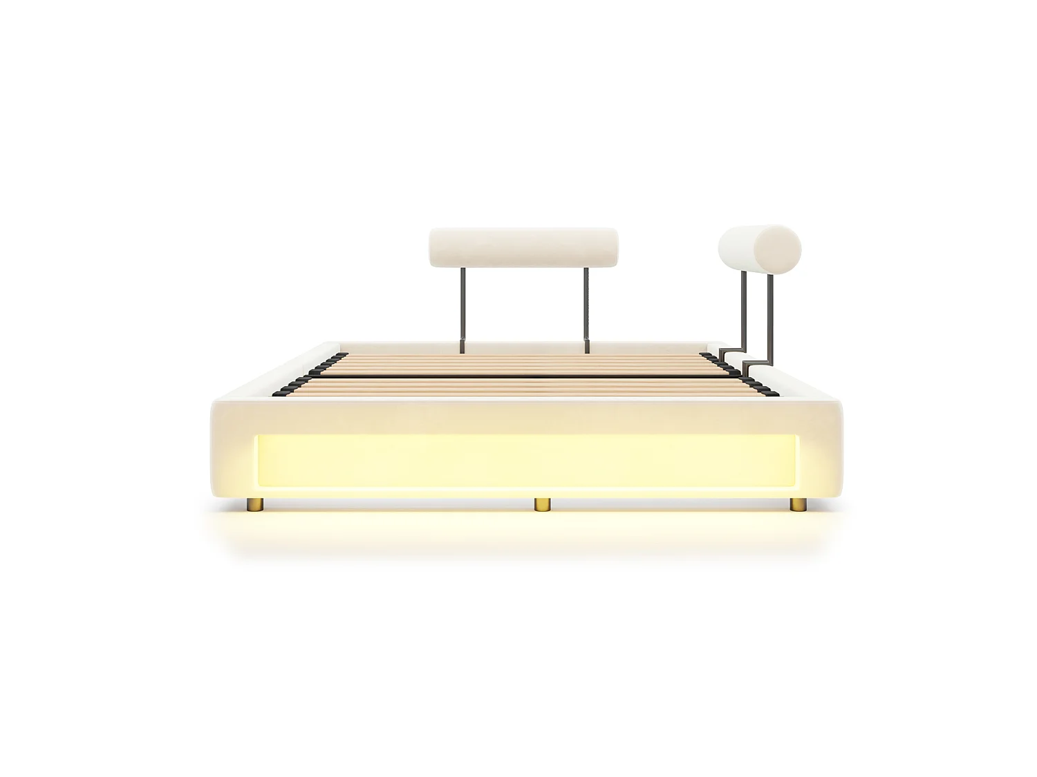 Gestoffeerd bed 160 x 200 cm met verstelbare rugleuningen en ledverlichting - Fluweel - Beige (matras niet inbegrepen)