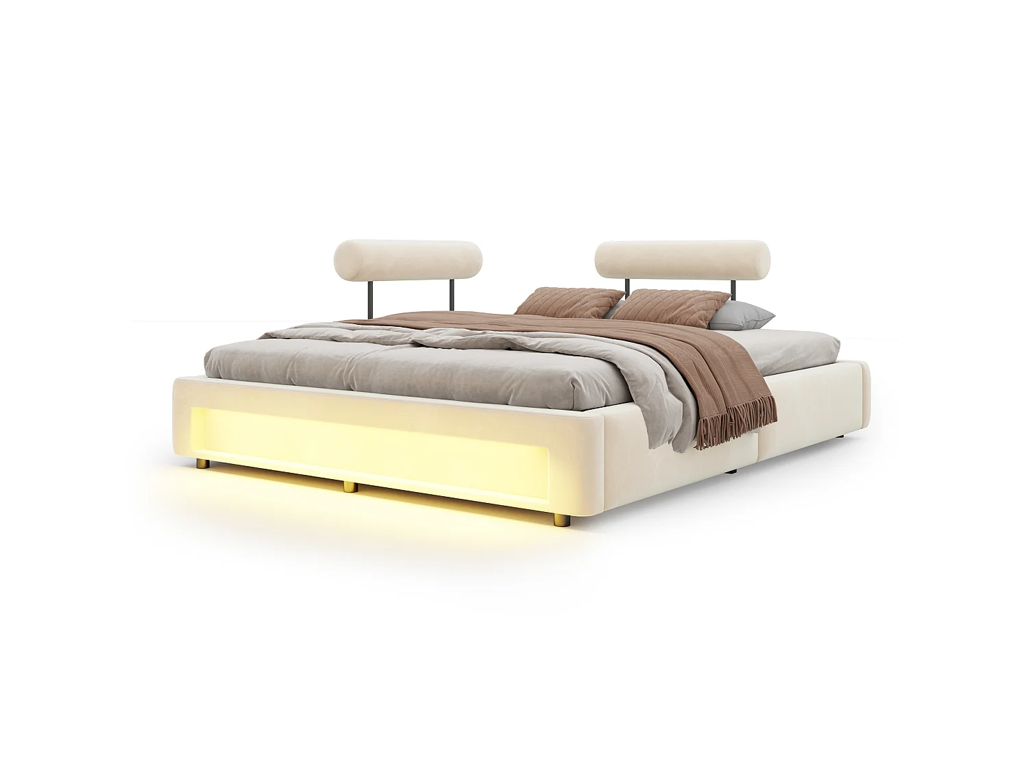Gestoffeerd bed 160 x 200 cm met verstelbare rugleuningen en ledverlichting - Fluweel - Beige (matras niet inbegrepen)