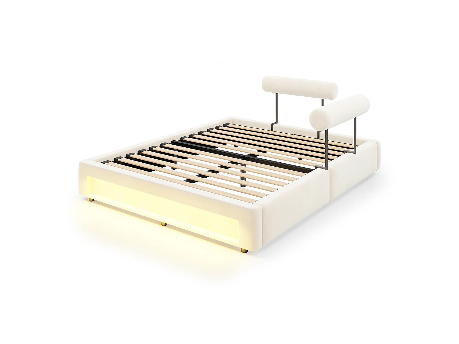 Gestoffeerd bed 160 x 200 cm met verstelbare rugleuningen en ledverlichting - Fluweel - Beige (matras niet inbegrepen)