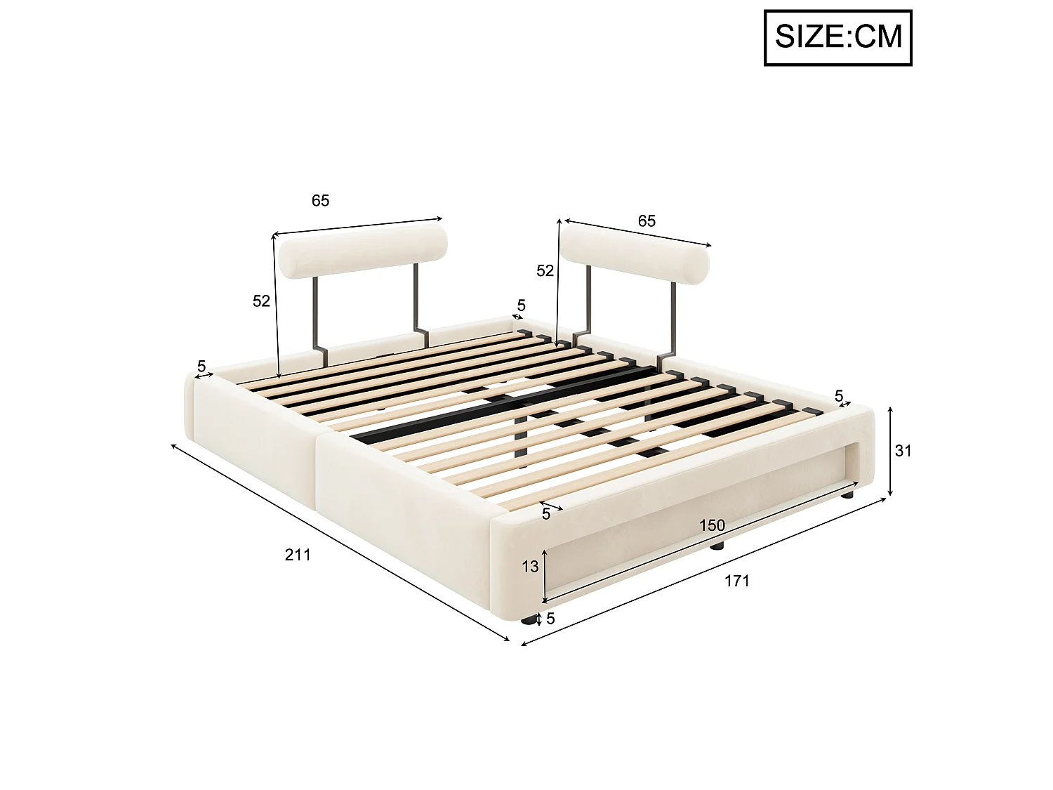 Gestoffeerd bed 160 x 200 cm met verstelbare rugleuningen en ledverlichting - Fluweel - Beige (matras niet inbegrepen)