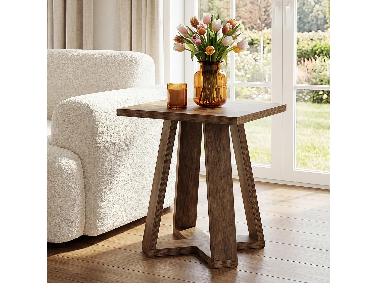 Mesa de extremo cuadrada, mesa lateral de estilo campestre con base cruzada, mesa de acento, mesa de noche para dormitorio y sala de estar