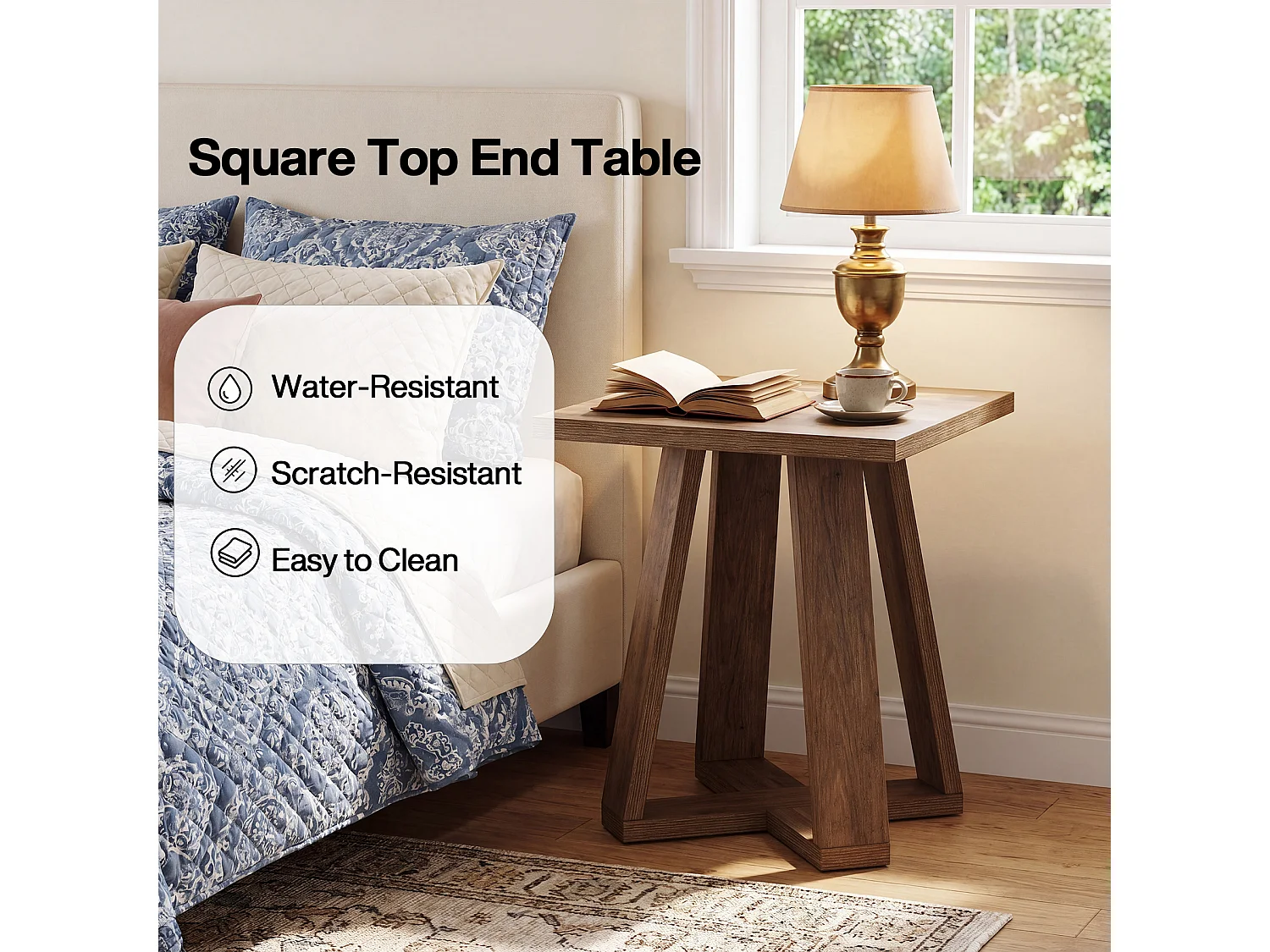 Mesa de extremo cuadrada, mesa lateral de estilo campestre con base cruzada, mesa de acento, mesa de noche para dormitorio y sala de estar