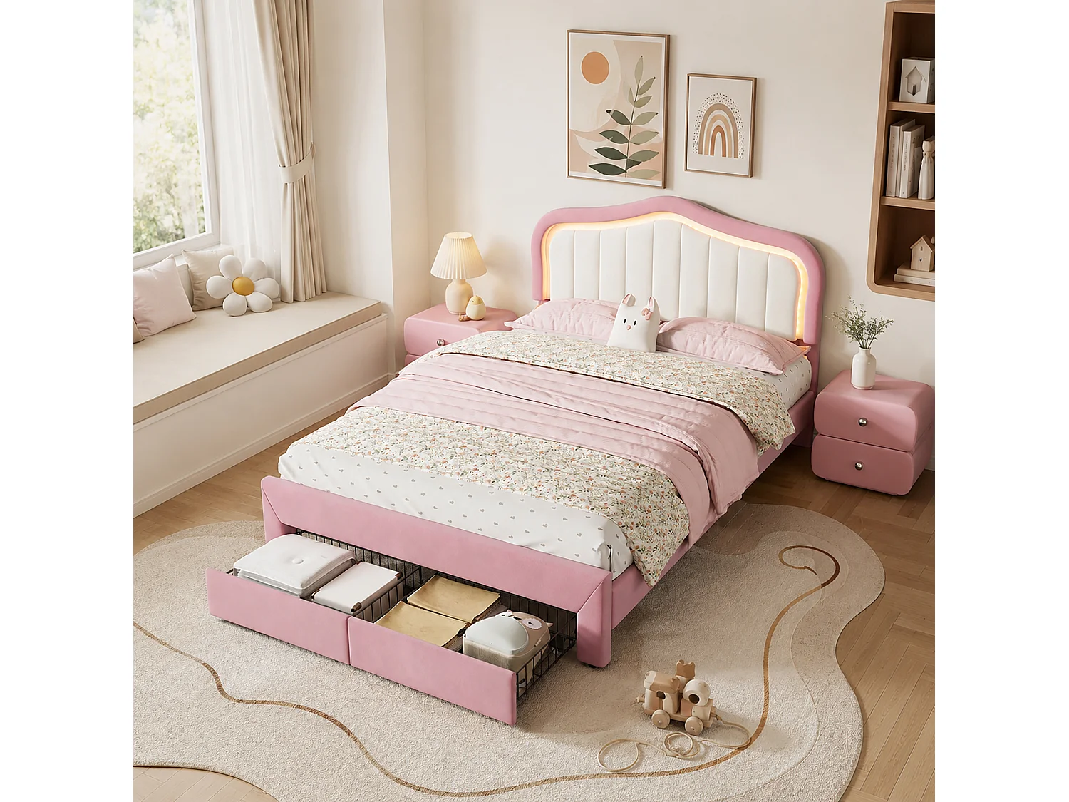 Letto per bambini 140 x 200 cm con 1 cassetto, testiera bianca e illuminazione a LED - Velluto - Rosa (materasso non incluso)
