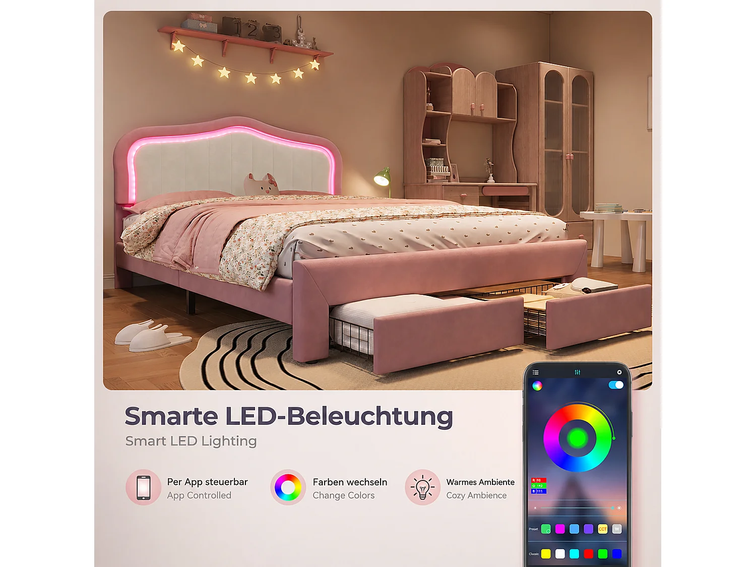 Letto per bambini 140 x 200 cm con 1 cassetto, testiera bianca e illuminazione a LED - Velluto - Rosa (materasso non incluso)