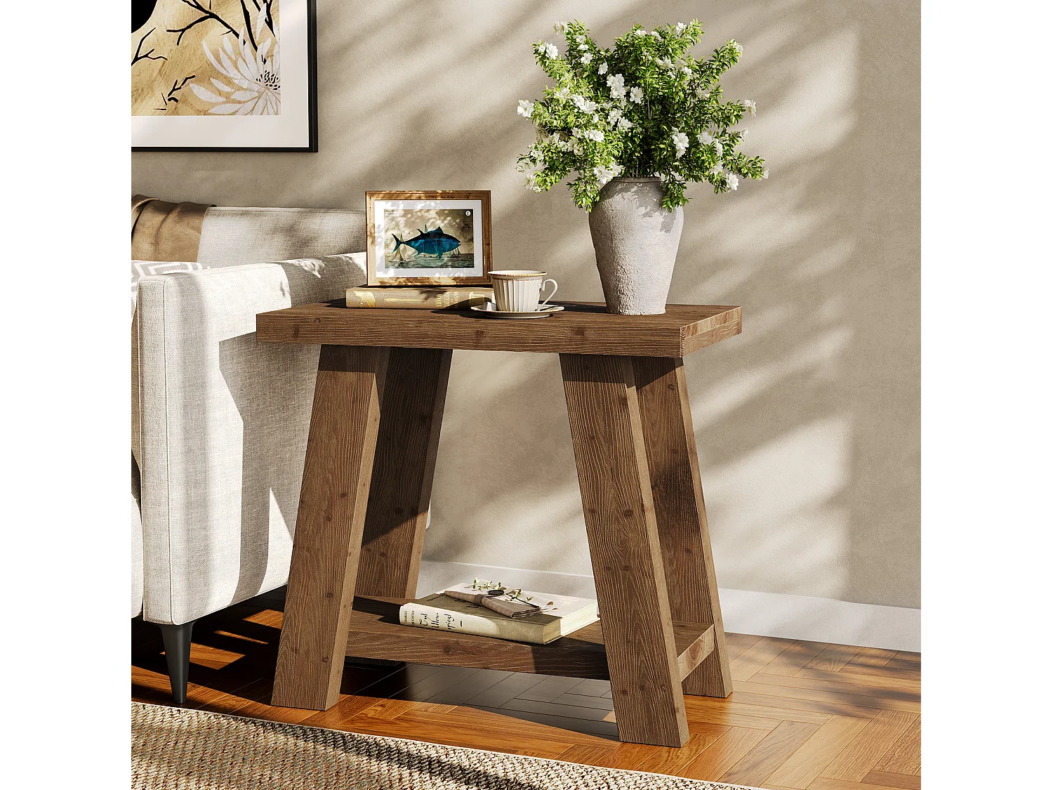 Mesa auxiliar de madera maciza, mesa lateral pequeña con estante de almacenamiento de dos niveles para sala de estar