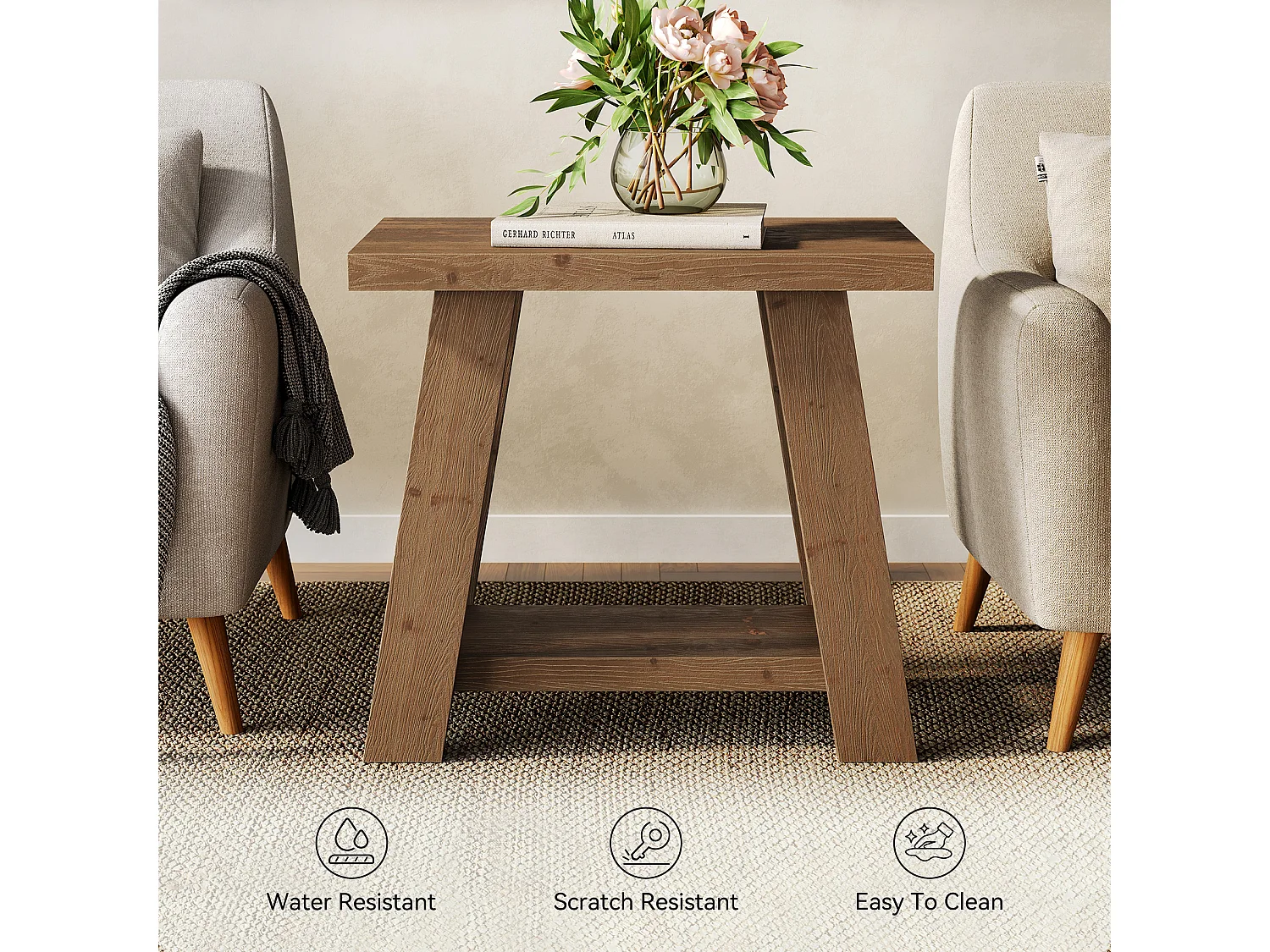 Mesa auxiliar de madera maciza, mesa lateral pequeña con estante de almacenamiento de dos niveles para sala de estar