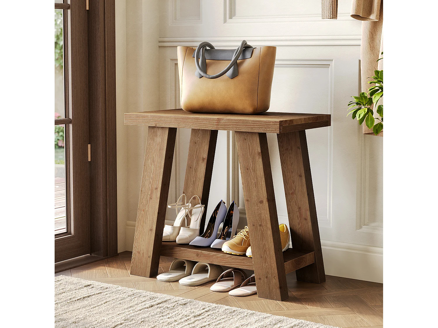 Mesa auxiliar de madera maciza, mesa lateral pequeña con estante de almacenamiento de dos niveles para sala de estar