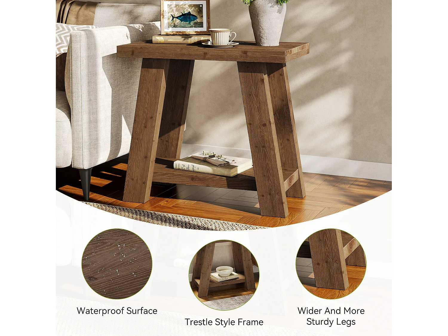 Mesa auxiliar de madera maciza, mesa lateral pequeña con estante de almacenamiento de dos niveles para sala de estar