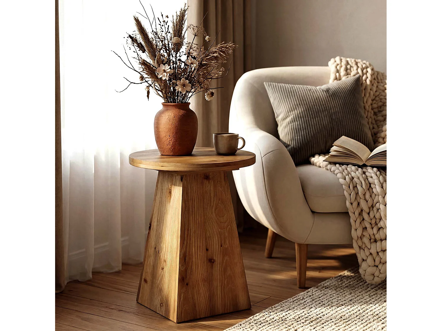 Mesa auxiliar de madera maciza, mesa lateral redonda de 48 cm con base trapezoidal para espacios pequeños
