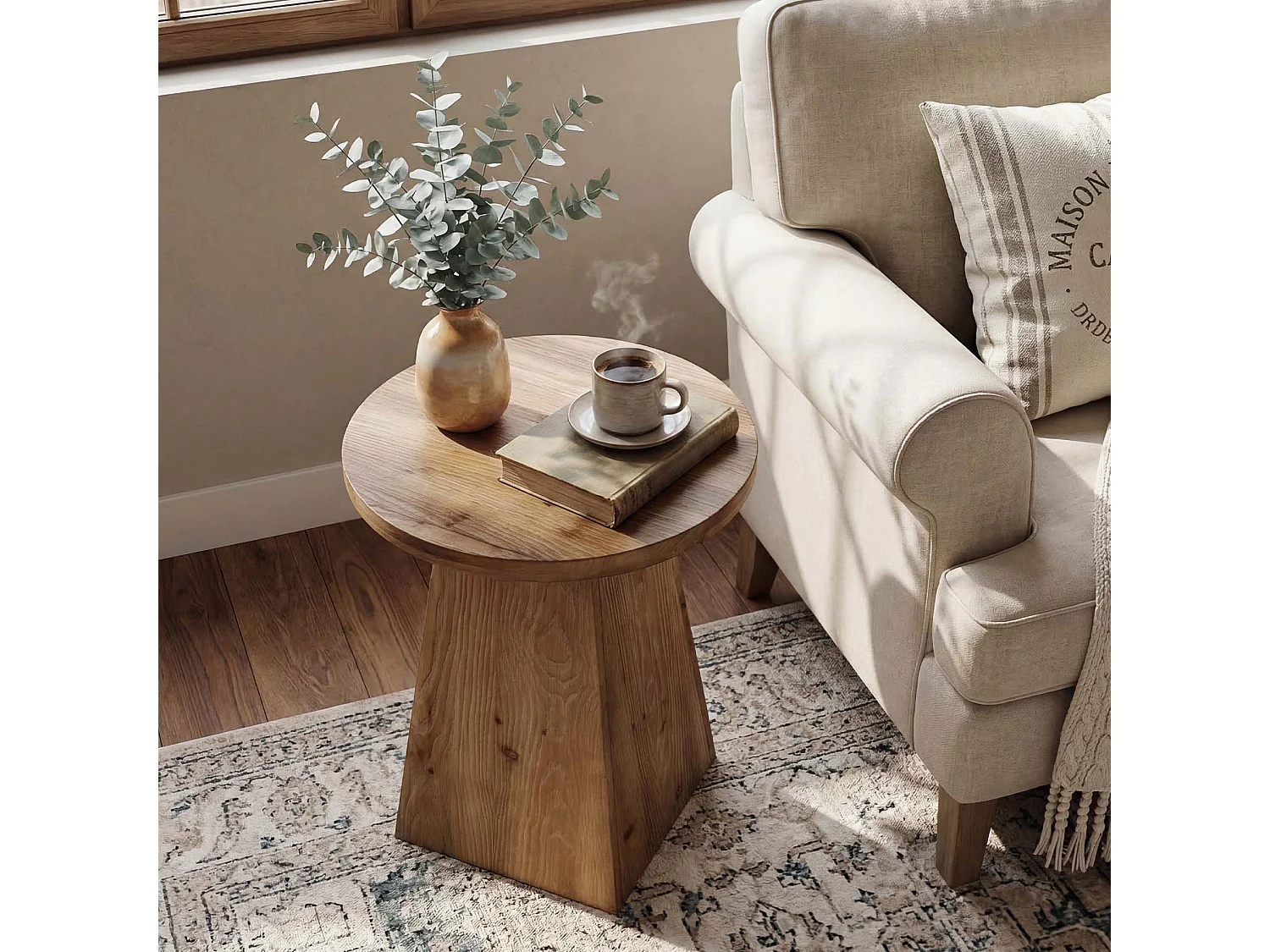 Mesa auxiliar de madera maciza, mesa lateral redonda de 48 cm con base trapezoidal para espacios pequeños