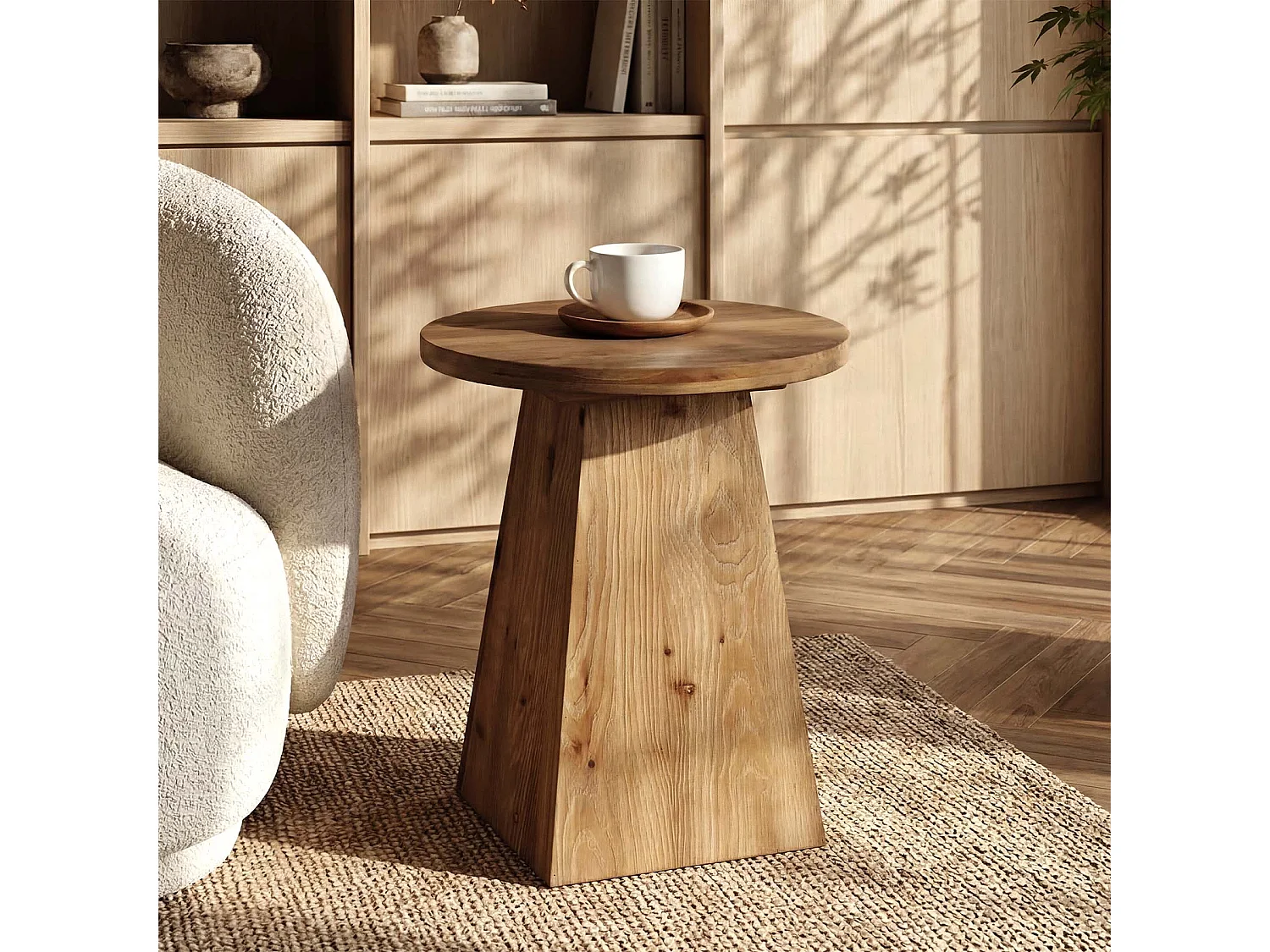 Mesa auxiliar de madera maciza, mesa lateral redonda de 48 cm con base trapezoidal para espacios pequeños